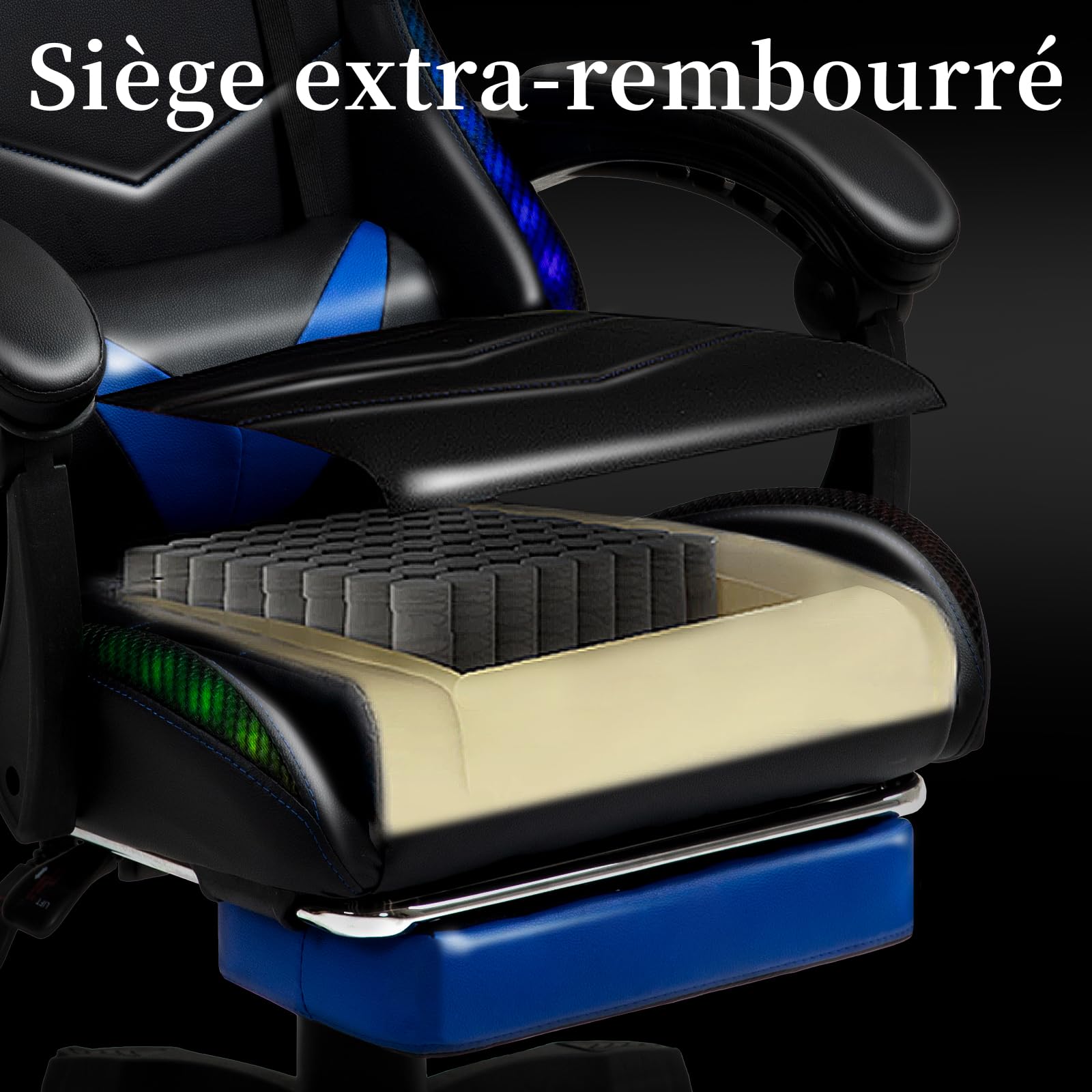 Czlolo Chaise Gaming Ergonomique avec Coussin Lombaire massant, LED RGB Réglage Complet Dossier & Hauteur & Repose-Pieds – Fauteuil Confort – Bleu
