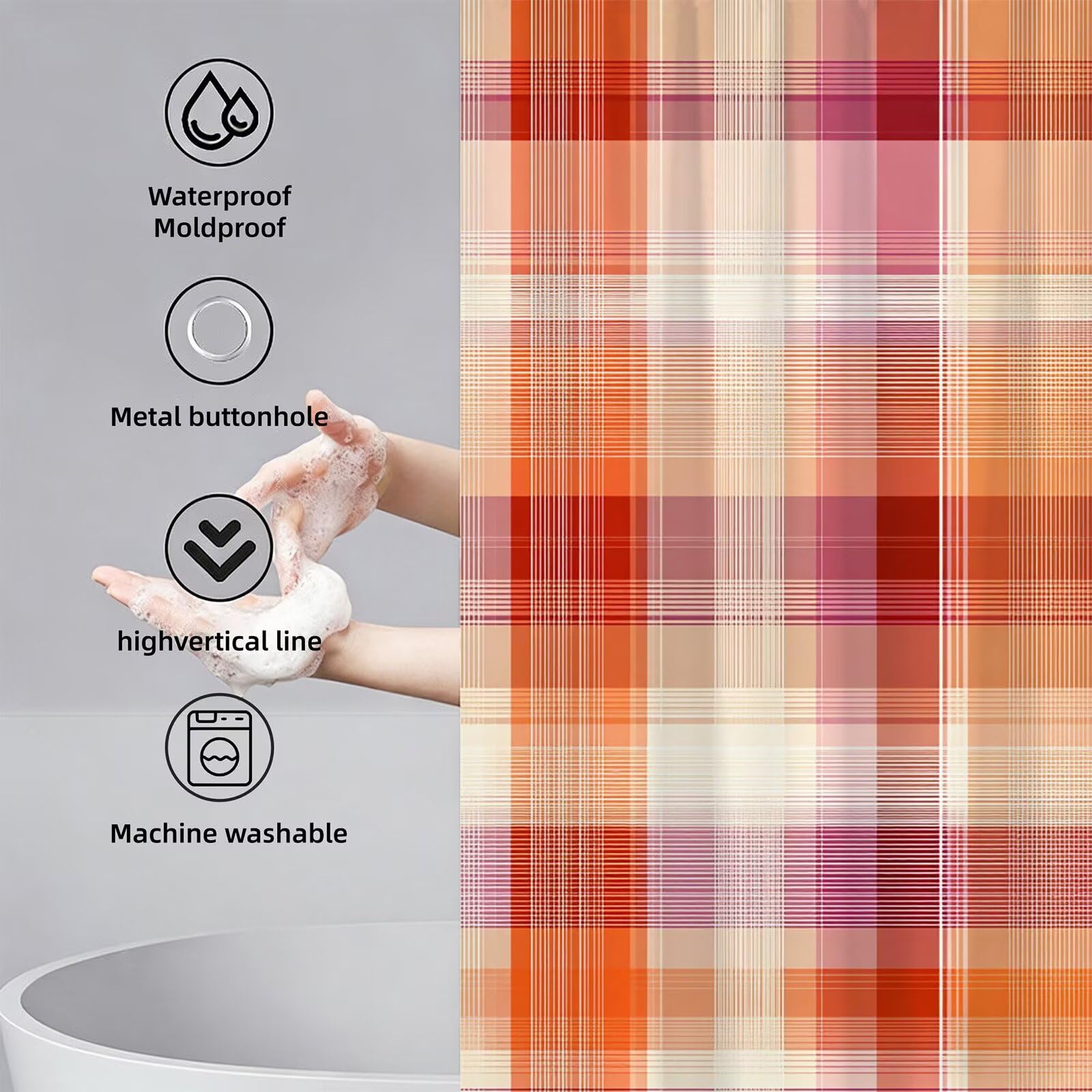 Enrejado Cortina de Ducha 180x200, Tela Poliéster Impermeable con 12 Ganchos, Secado Rápido Cortinas de Baño Lavables Shower Curtain Resistente a Humedad Decoracion Hogar Simple Cortina Ducha,Model669
