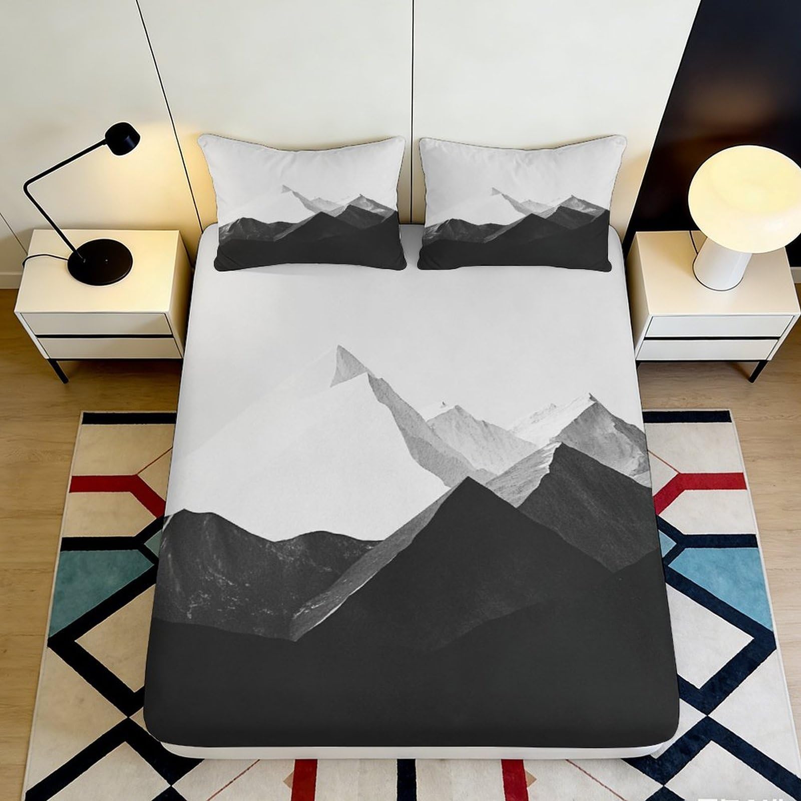 Pnayamiorkfel Style-6 3D Printed Monochrome Mountain Fitted Sheet Microfiber Soft Black White Abstract Bed Cover For Bedroom Decor 90X200x25cm