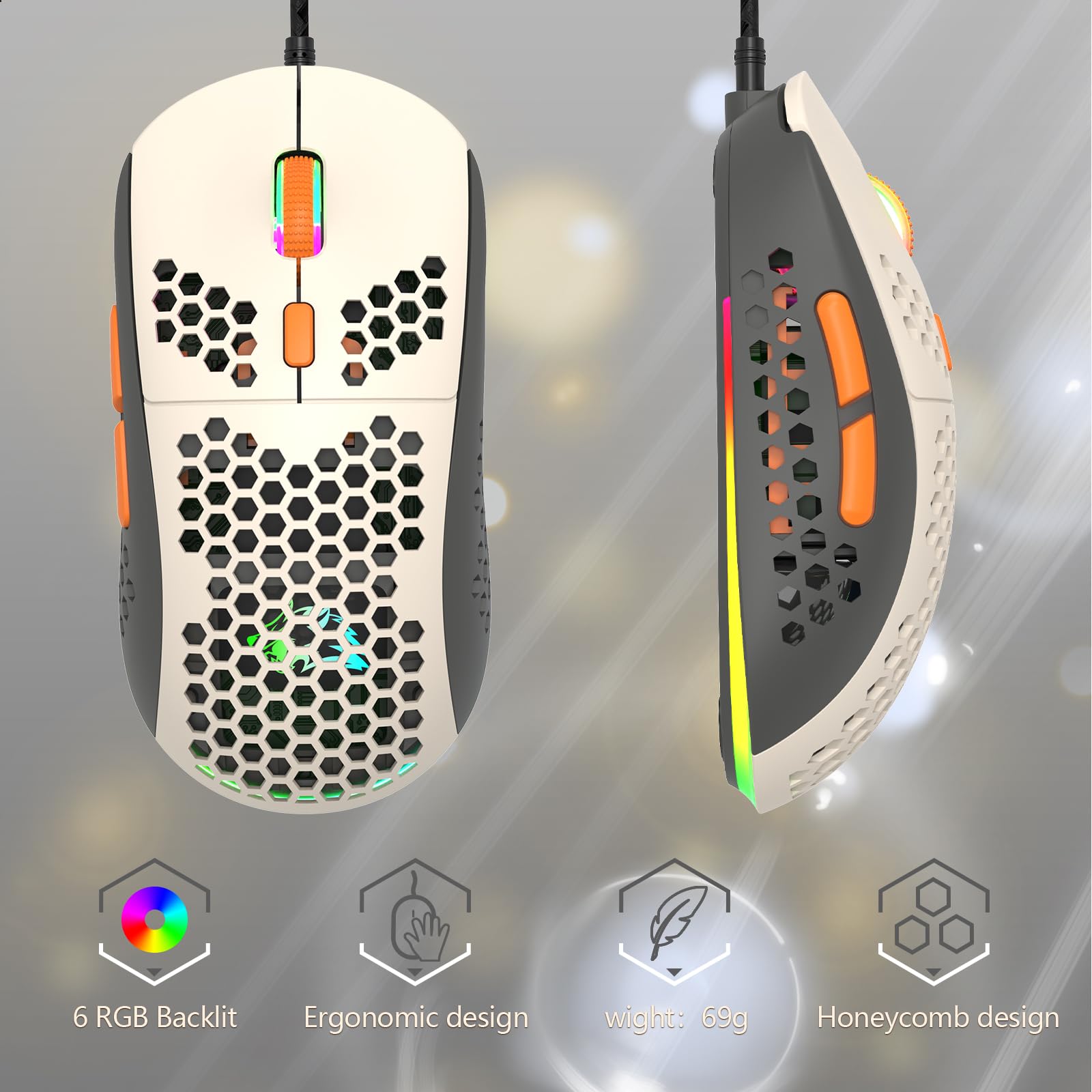 RK-T60 Tastiera e mouse da gioco meccanico cablato Combo portatile con retroilluminazione arcobaleno 62 tasti NKRO 6400DPI RGB a nido d'ape cavo aviatore a spirale per PS4/PC/WIN Gamer (grigio