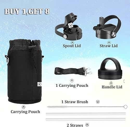 Miniatura 7 de Botella de agua de acero inoxidable con aislamiento al vacío de 64onzas, tapa con popote y con boquilla, a prueba de fugas, doble pared, cantimplora