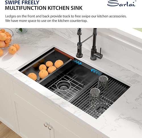 Vista 158 de Sarlai Fregadero doble de 33 piezas para empotrar - Fregadero de cocina de 33 x 19 pulgadas, acero inoxidable de calibre 16, esquina redonda, doble
