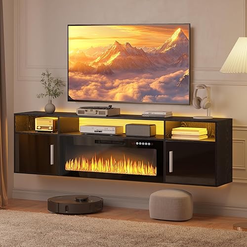 PUKAMI 70" Floating Fireplace TV Stand, Floating TV Stand Wall Mounted with 36" Electric Fireplace, Entertainment Center with LED Lights and Storage Cabinet for TVs up to 80", for Living Room, Black - 70'' - Black