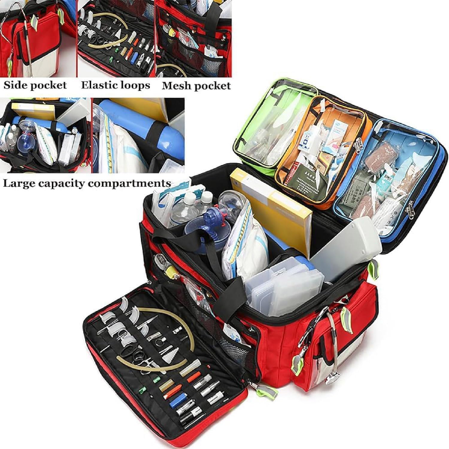 Bolsa carrito médico con ruedas, bolsa de botiquín de primeros auxilios de gran capacidad, mochila médica de emergencia con ruedas, compartimentos y bandas reflectantes para médicos y socorristas