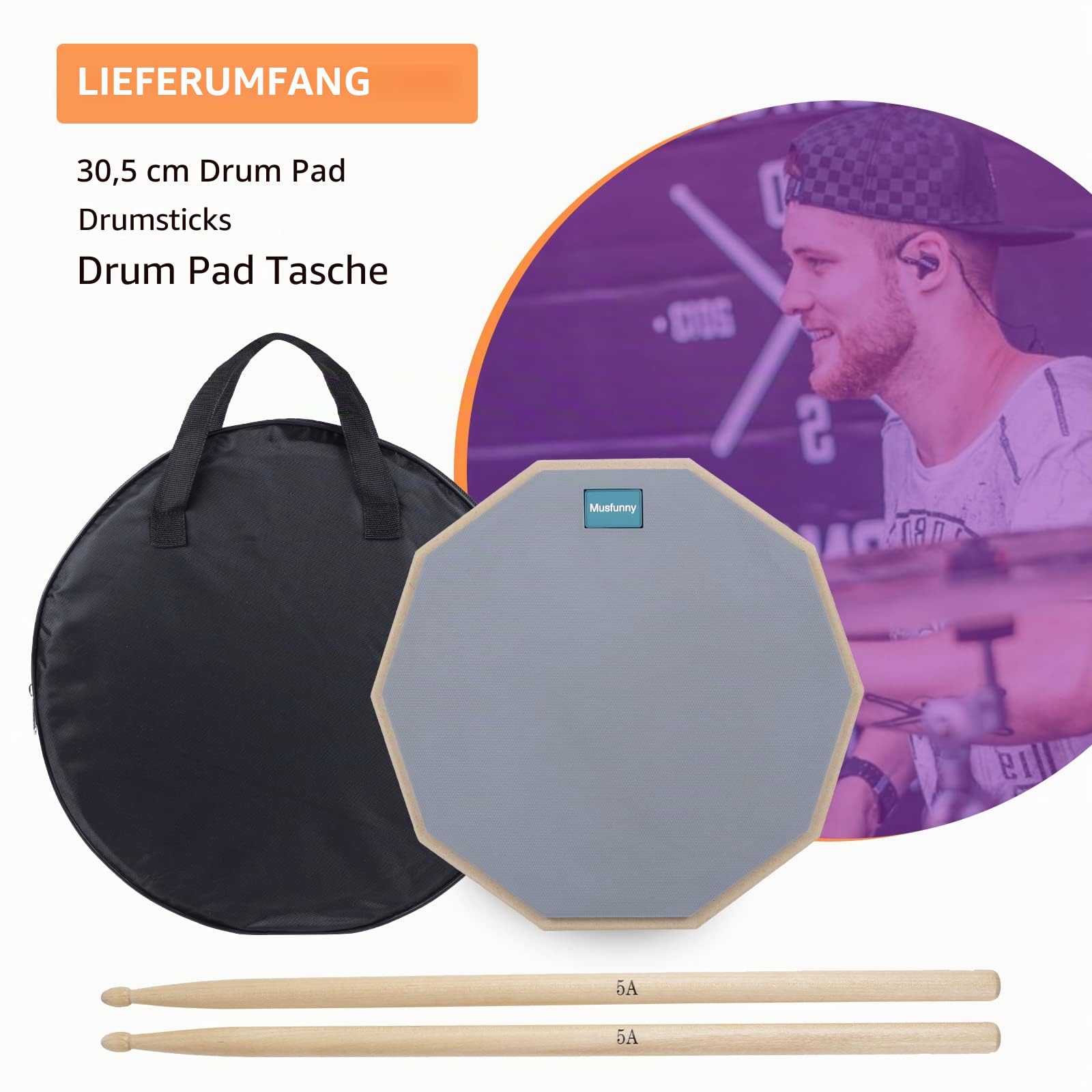 Musfunny Drum Practice Pad Schlagzeug Übungspad, 12 Zoll 2-seitig Leises Übungs Drum Pad Set mit Drumsticks und Aufbewahrungstasche für Schlagzeuger-Übungspad (30 cm Grau)