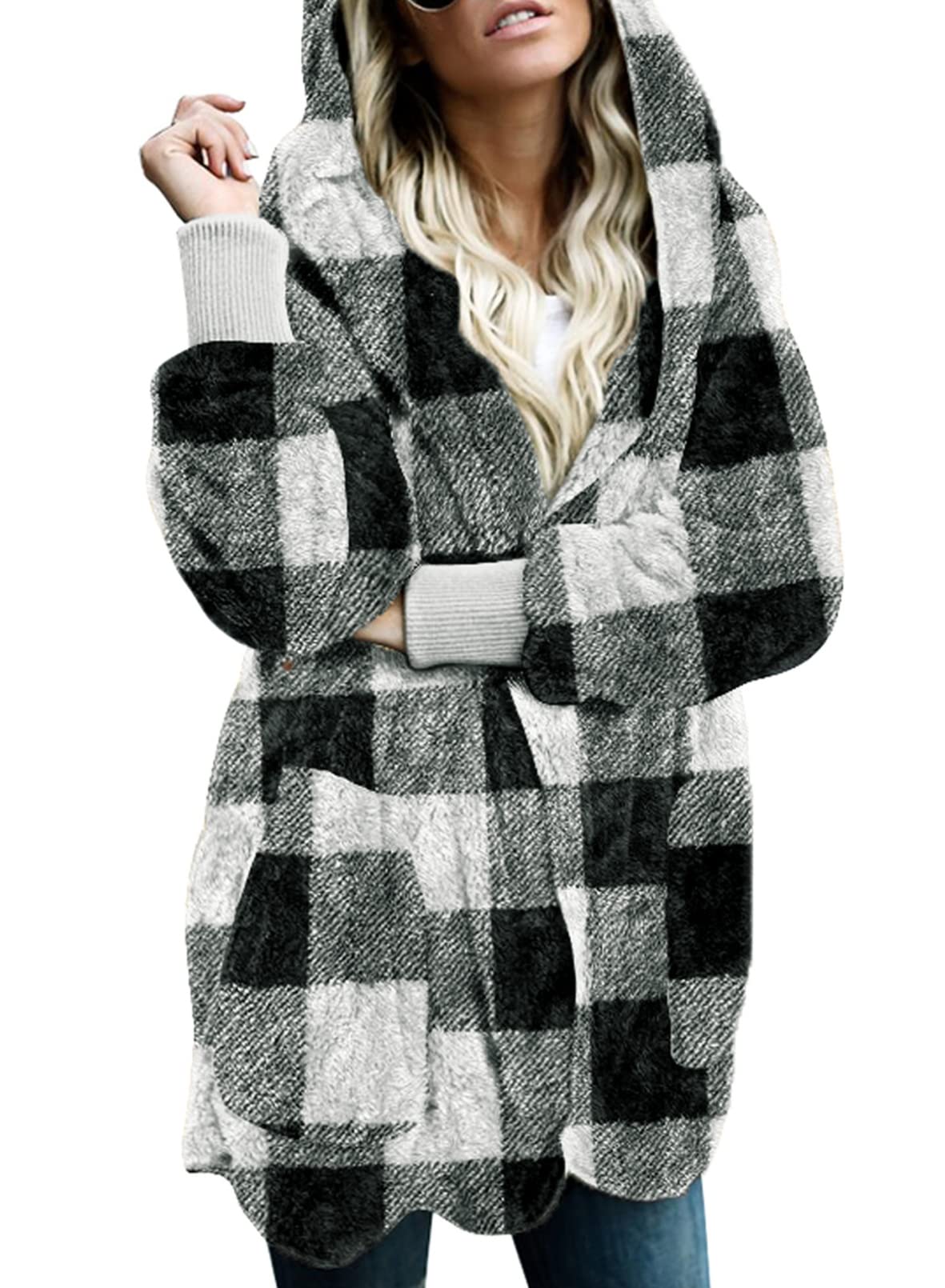 Dokotoo Womens 2025 Winter Long Sleeve Solid Fuzzy Fleece Open Front Hooded Cardigans Jacket Coats Outerwear with Pocket