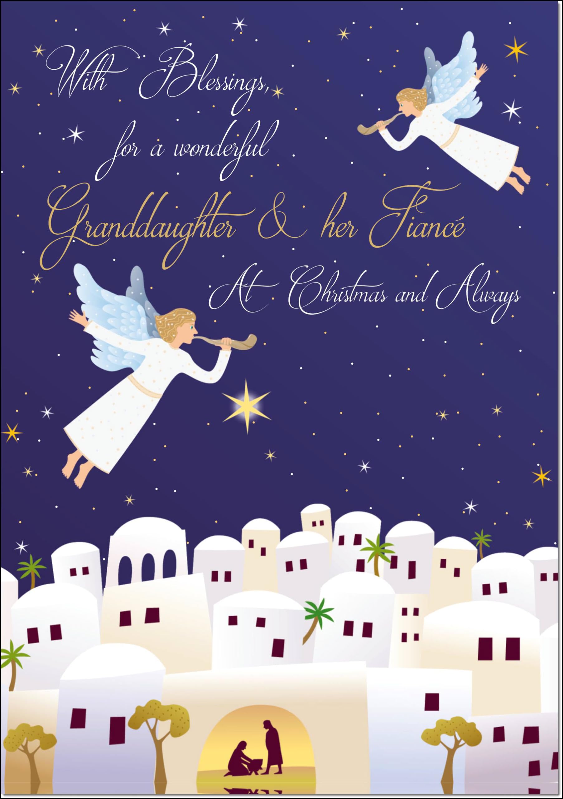 doodlecards Granddaughter and Fiance Christmas Card Nativity Scene Angels Bethlehem Large A4 Size Christmas Card for Granddaughter & Fiance with Plain Envelope — image 1