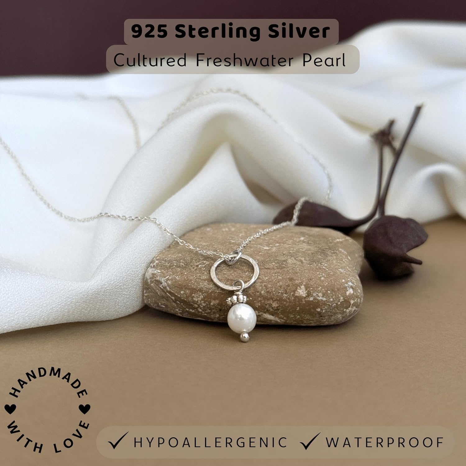 Annika Bella Freshwater Pearl Necklace, Round Pearl Pendant, Sterling Silver Necklaces, Dainty Jewelry for Women, Gift for Her/Girlfriend, Valentine's Day Gifts - Image 3