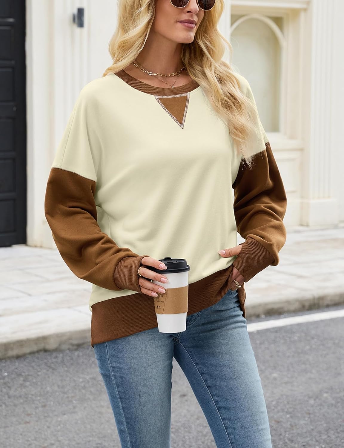 Women's Casual Color Block Sleeve Drop Shoulder Thumbhole Sweatshirt Soft Oversized Pullover Sweatshirts - Image 3