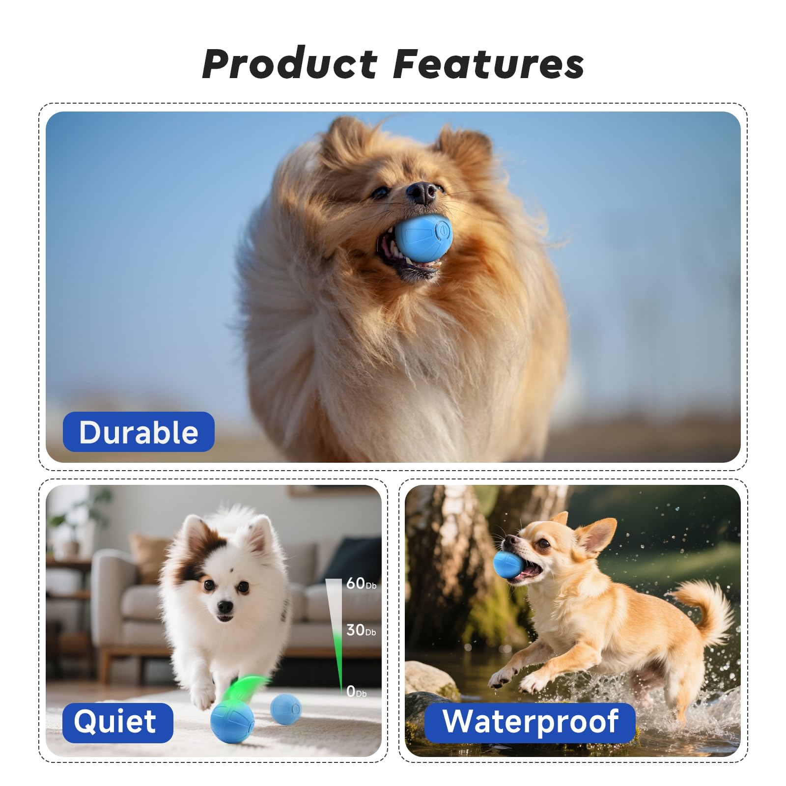 Balle interactive de 5,1 cm pour chiots/petits chiens, rebondissement automatique activé, vibrant, jouet pour petits chiens pour les garder occupés (bleu ciel)