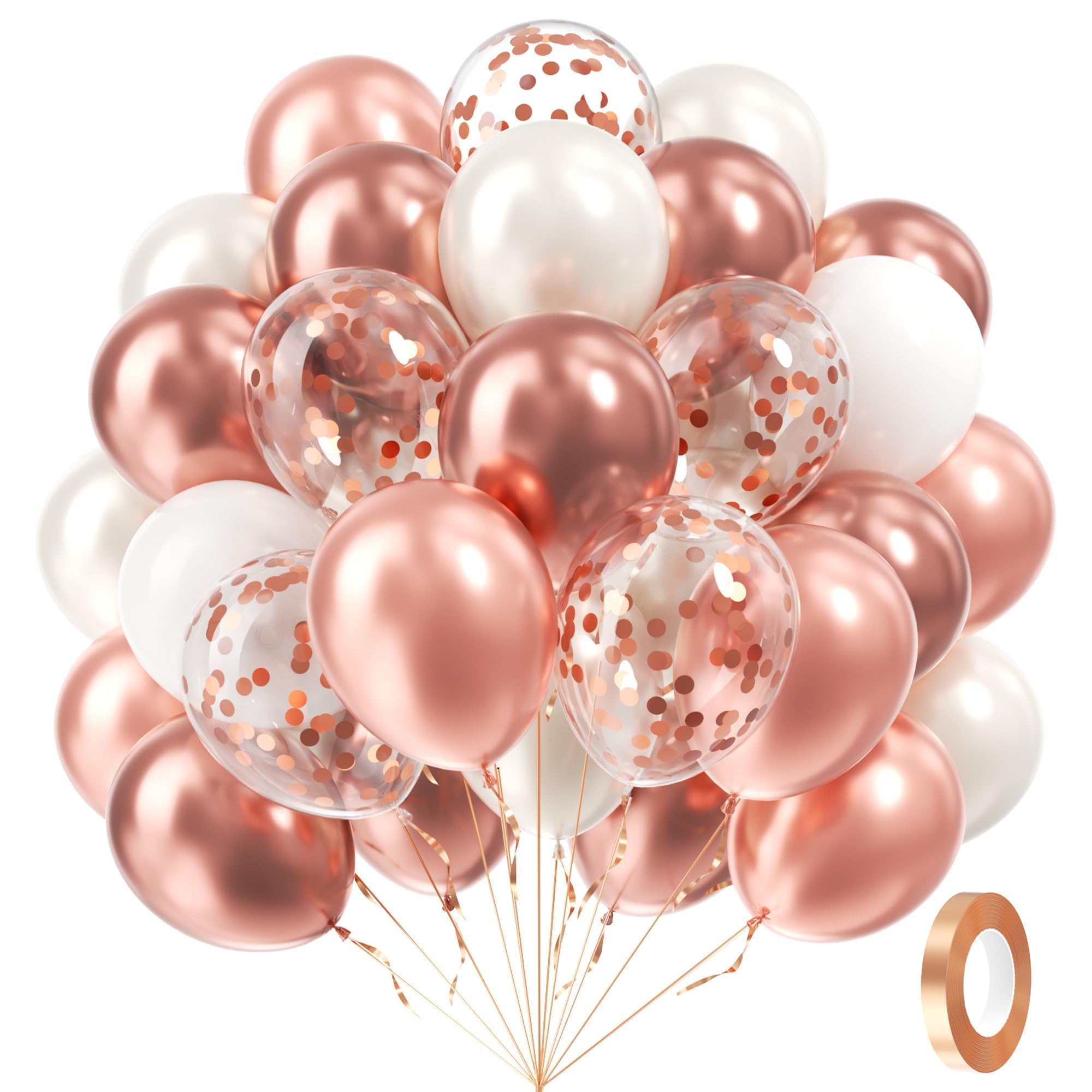 60pcs Rose Gold Balloons 12inch with Pearl White Rose Gold Confetti Balloons for Engagement Bridal Shower Wedding Birthday Party Decorations