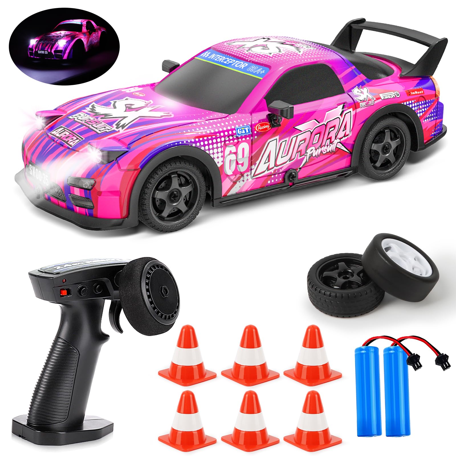 Coche Drift RC 1:22 4WD 15km/h Con Luces LED 7 Colores Y Neumáticos Intercambiables – Incluye 2 Baterías, Barricadas Y Mando 2.4GHz – Regalo Para Niños +8 Años Y Adultos