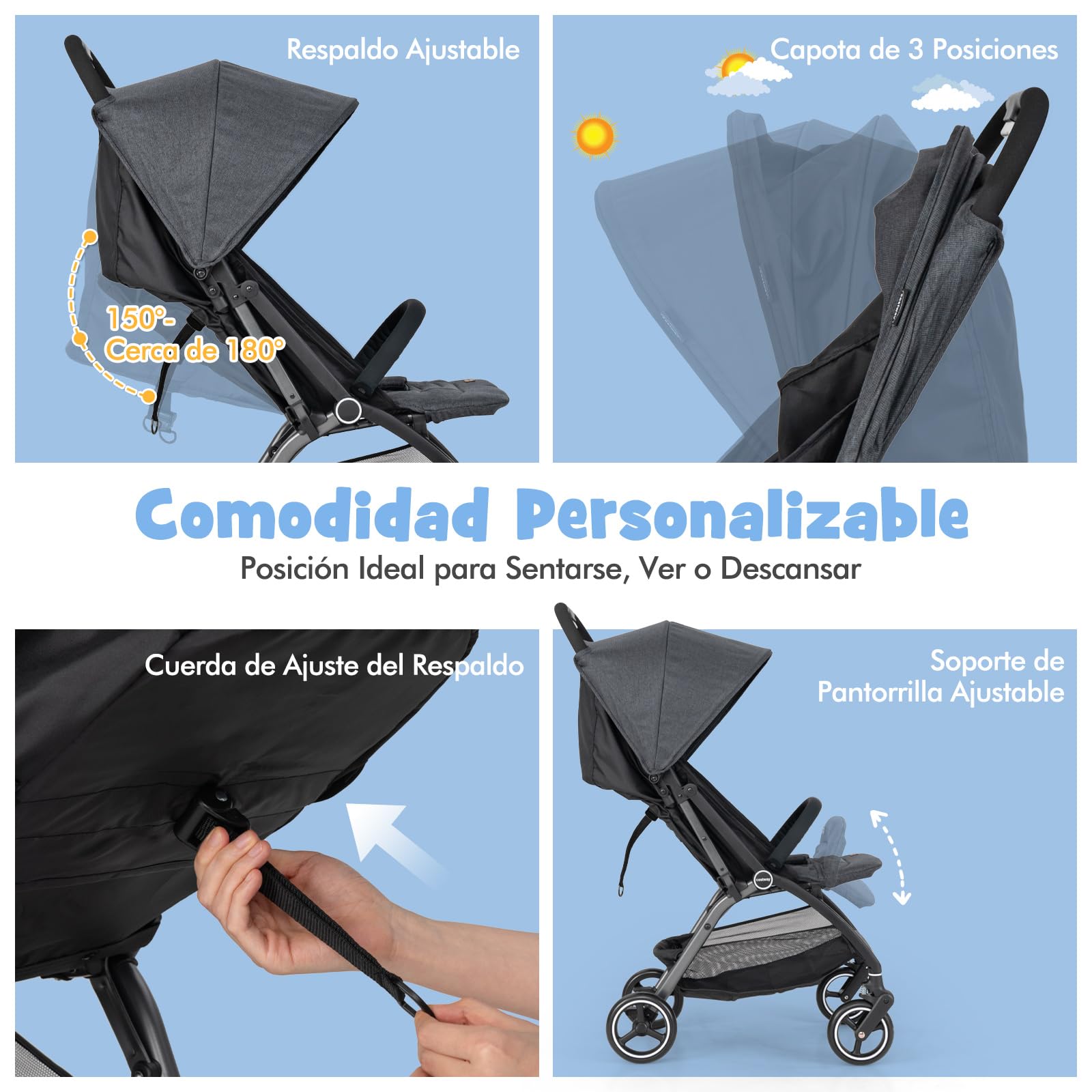 COSTWAY Silla de Paseo Ligera, Carrito Bebe Plegable con Respaldo Ajustable, Capota y Arnés de 5 Puntos, Cesta de Almacenamiento, Plegado con Una Mano, para Bebés de 0 a 36 Meses (Gris)
