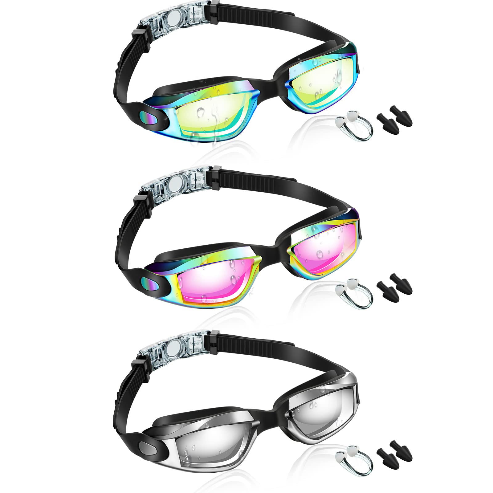 Flutesan 3 Pack Swimming Goggles No Leaking Silicone Anti Fog Swim Glasses with Nose Clip Ear Plugs Adult Kids Pool, 3 Colors