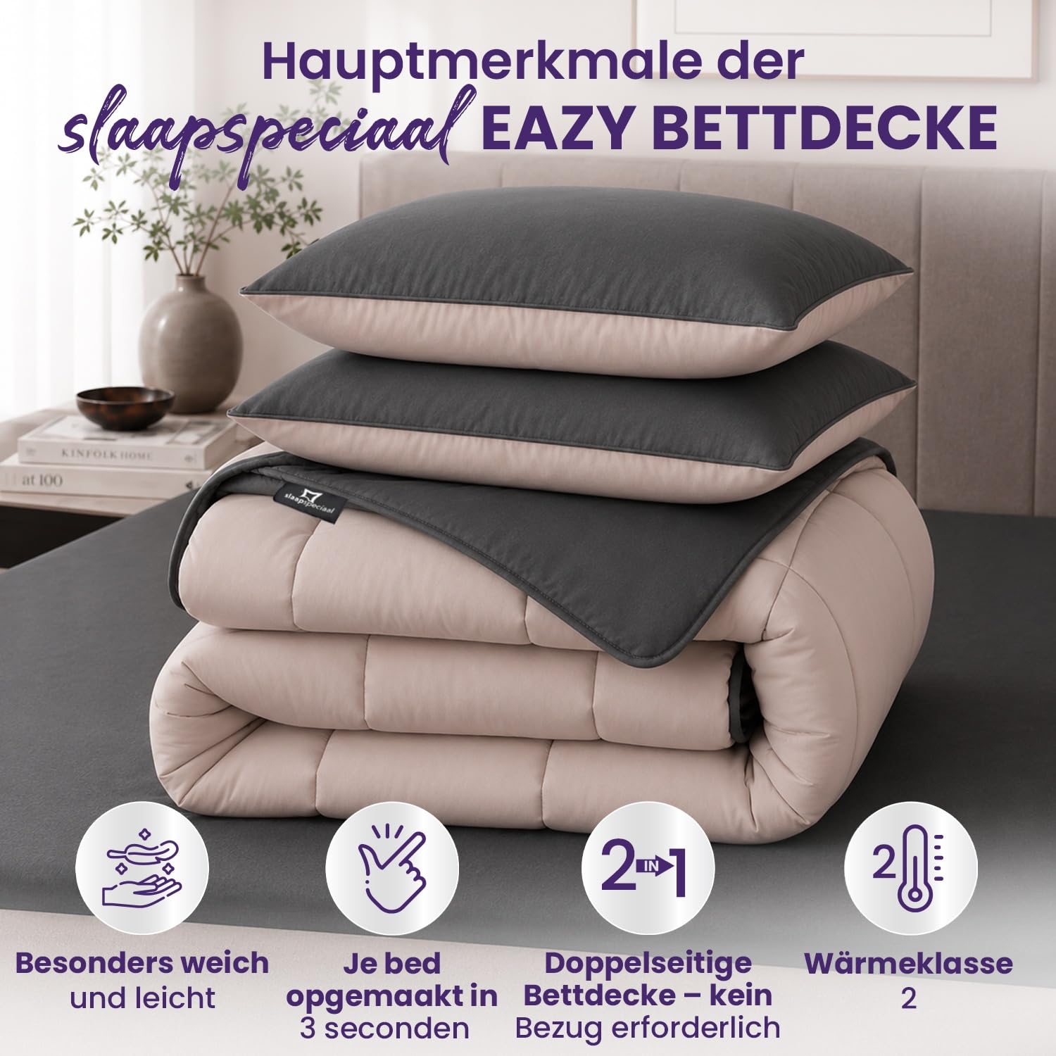 Bettdecke ohne Bezug 240x220 - Ganzjahresdecke Wärmeklasse 2 | Steppdecke mit Gelfasern für Daunengefühl [Softcell Füllung] - Extra Weich - Inklusive waschbarem Kissenbezug - Grau Beige