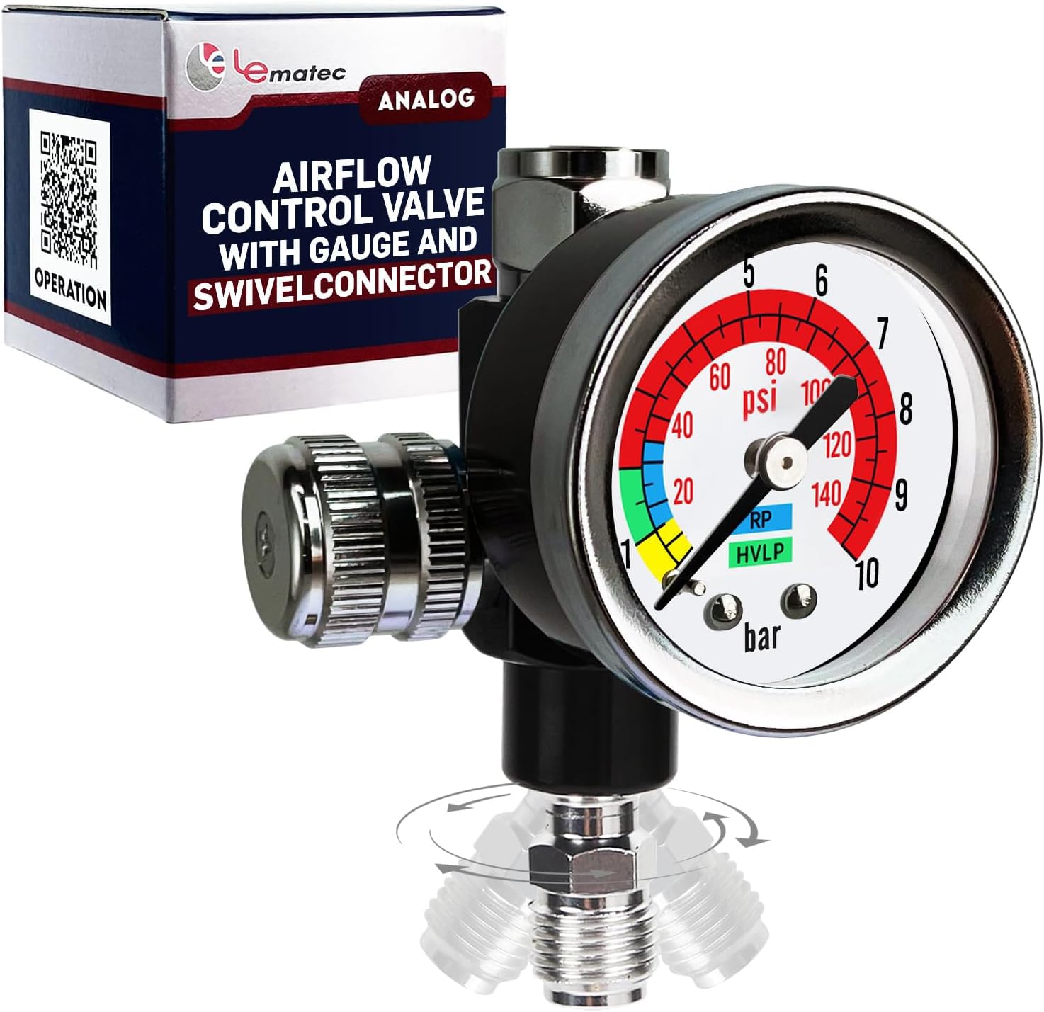 LE LEMATECSpray Gun Regulator Tool, 1/4 NPT Air Pressure Regulator with Air Flow Control Valve, Gauge, Swivel Connector for HVLP Paint Gun, Spray Painting, Sandblasting, and Pneumatic Tools (AR-07)