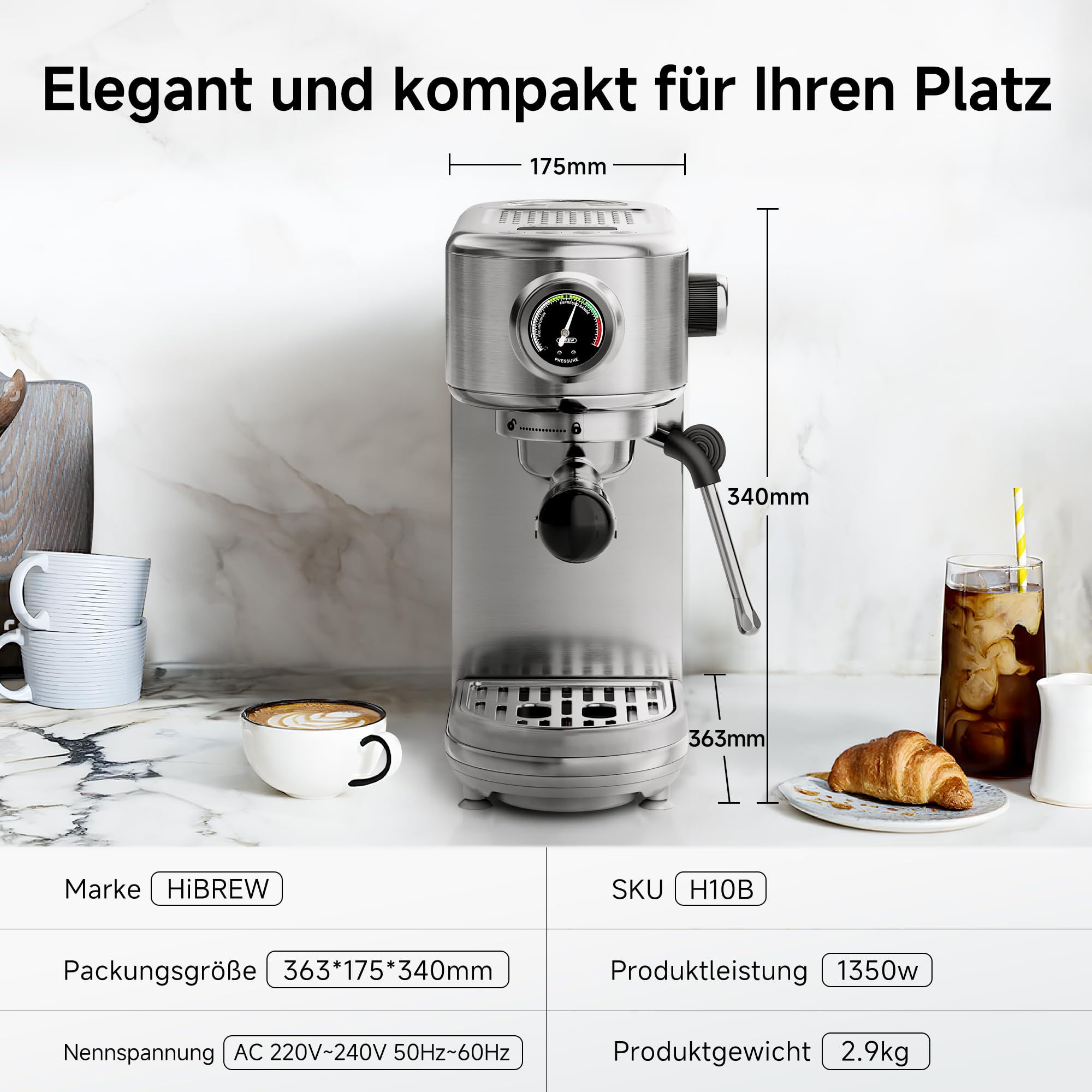 HIBREW H10B Programmierbare Espressomaschine, gebürsteter Edelstahl, einstellbare Temperatur, Milchaufschäumer