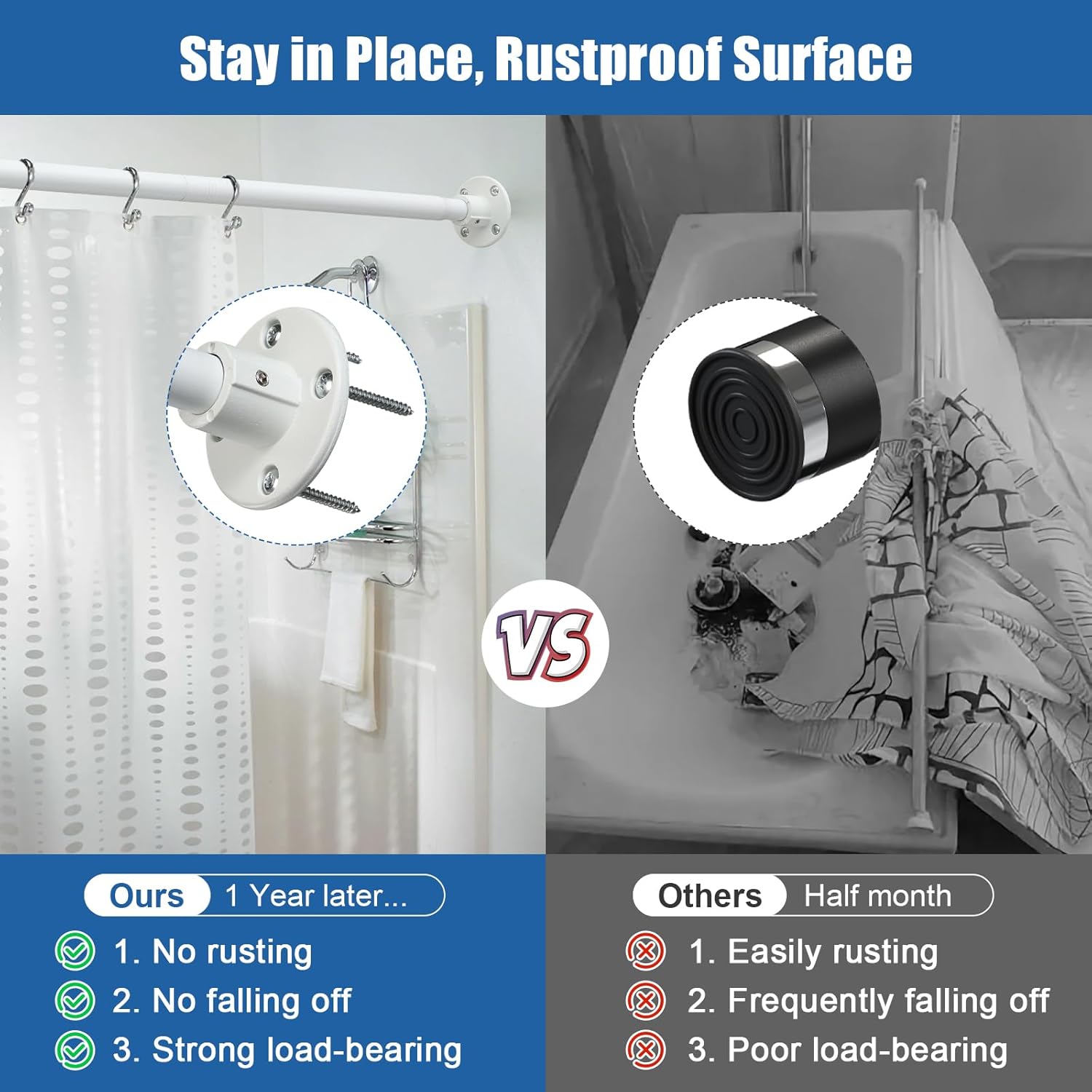Adjustable Shower Curtain Rod, 28 to 76" Heavy Duty Shower Rod for Closet Rods, Doorway, Balcony and Laundry Room, Shower Curtain Pole White