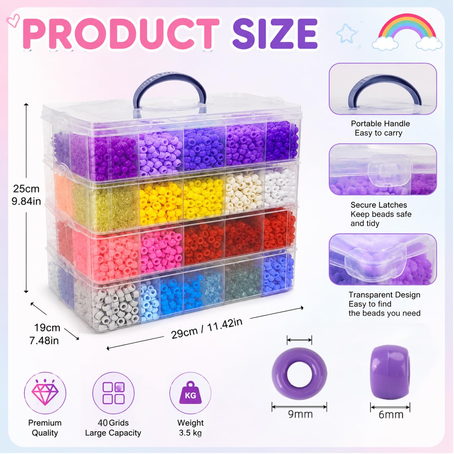 13300 perline pony, 3,5 kg, perline Kandi saturazione per la creazione di bracciali, perline per capelli per trecce, kit di braccialetti dell'amicizia in 40 colori, per regali artigianali, ricchi