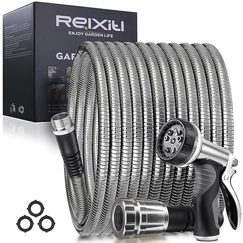 10FT Metal Garden Hose - Stainless Steel, Heavy Duty, Flexible & Lightweight, Never Kink and Tangle, with 10-Function Nozzle, Pressure Resistant for Outdoor Use (Grey) 10FT Gray