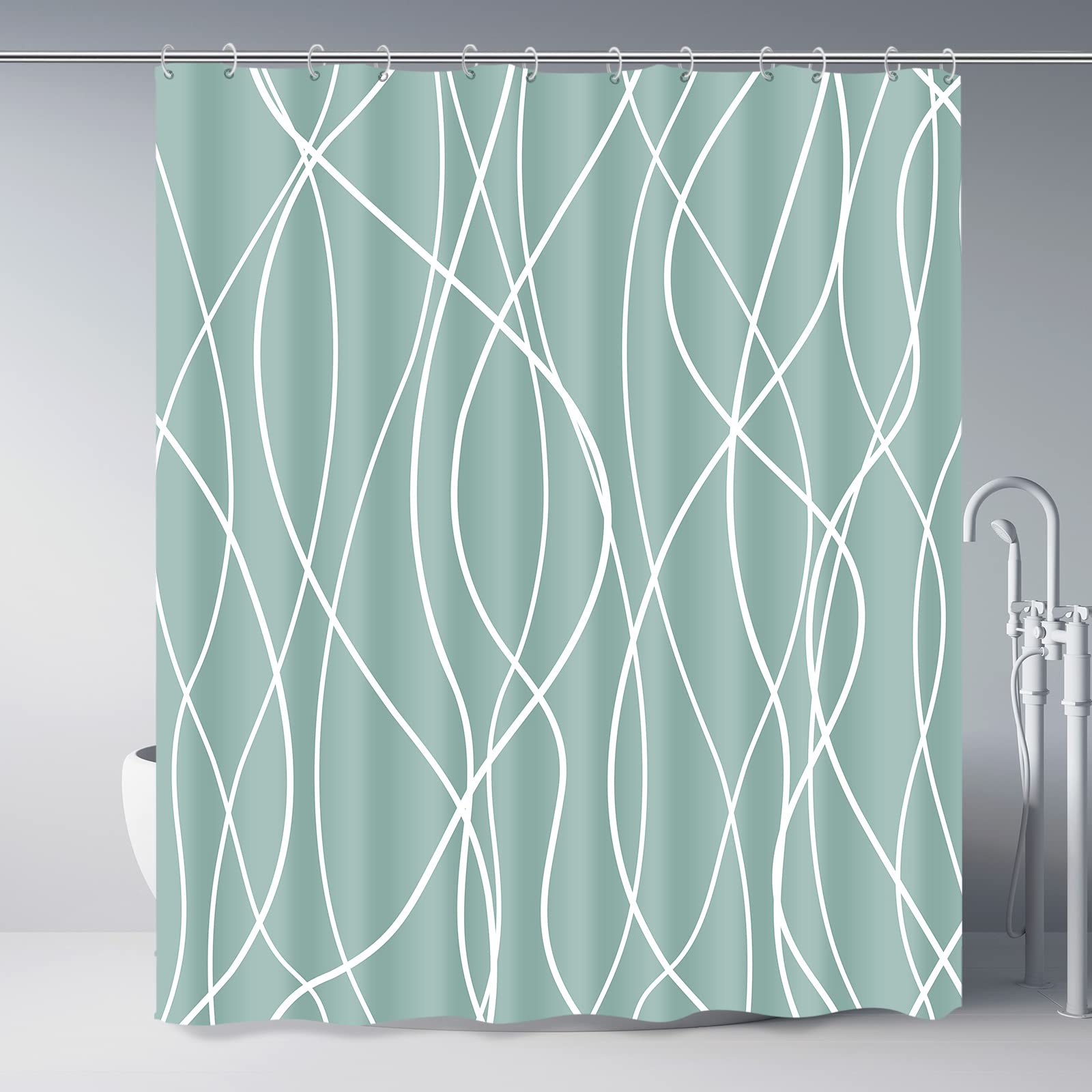 Punkray Light Green Shower Curtain for Bathroom with Hooks Shower Curtain Set, White Stripe Bath Curtains Decorative Shower Curtains Water Repellent