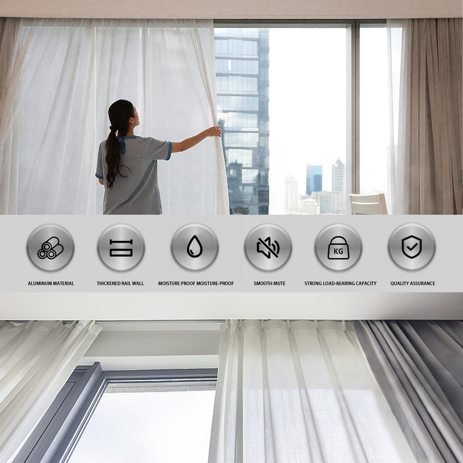 Podwójny system szynowy do montażu sufitowego, aluminiowy karnisz z cichymi kółkami do łazienki, salonu i przegrody, szary, 1,9 m i 100 cm