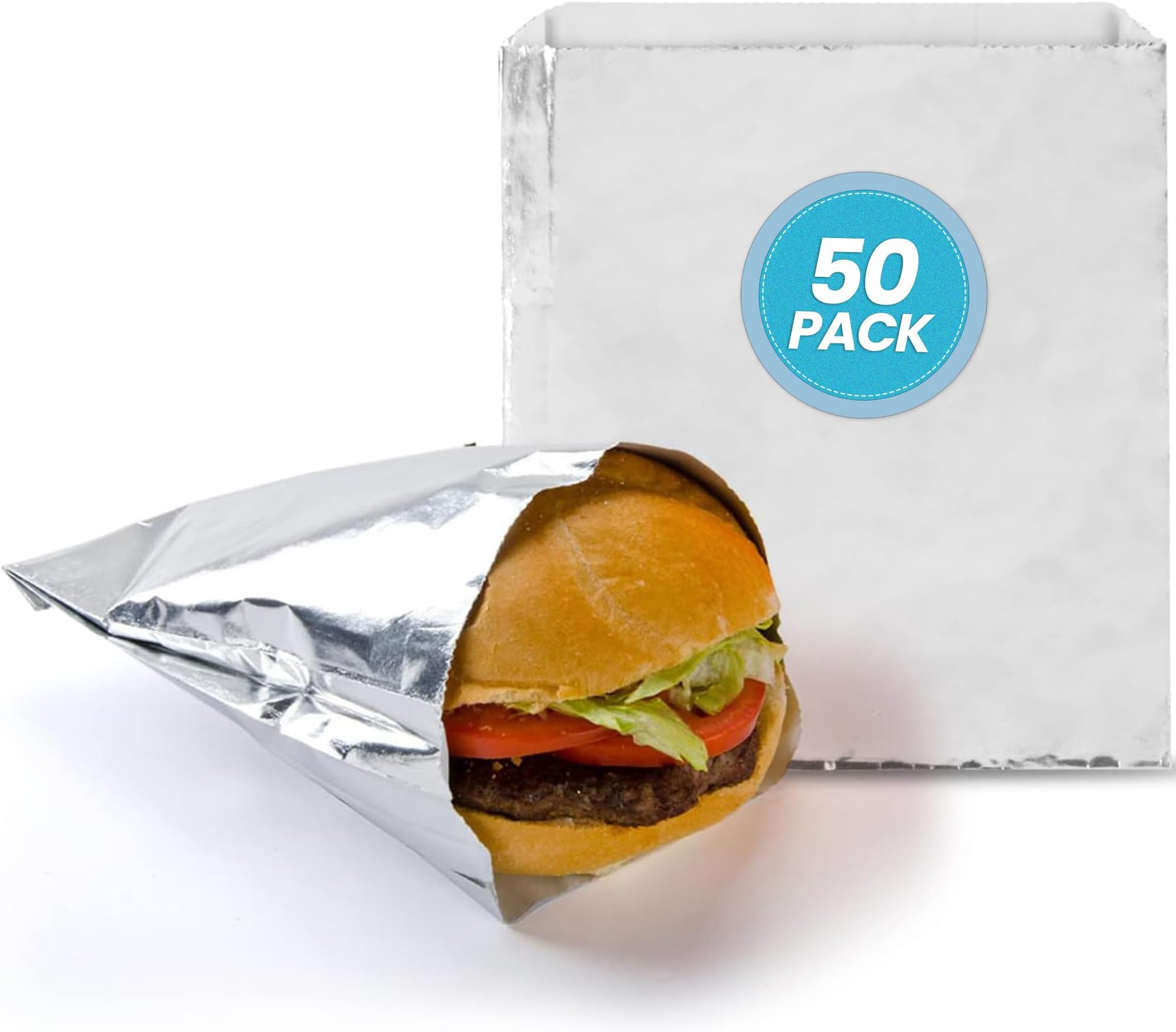 50 Pack Aluminum Foil Hamburger Bags – Grease-Resistant Burger Wrappers for Hot Sandwiches, Paninis, BBQ, Pretzels & More – BPA-Free, Disposable Takeout Food Sleeves by C&S Event Supply Co.