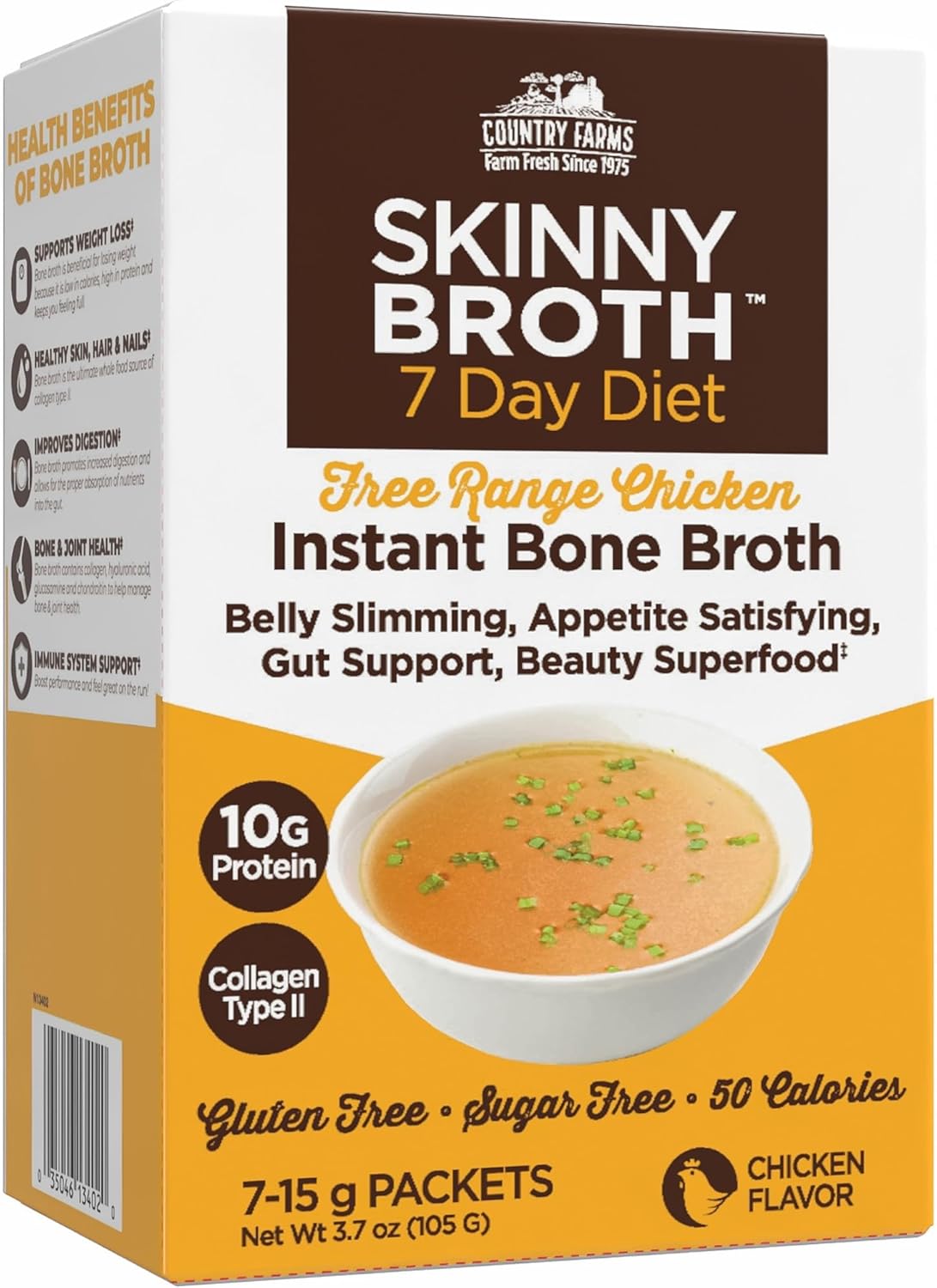 Country Farms Skinny Broth, Instant Chicken Bone Broth, 10G Protein, Collagen Type II, Promotes Better Digestion, Supports Bone Health, 7 Day Plan, 7-15g Packets