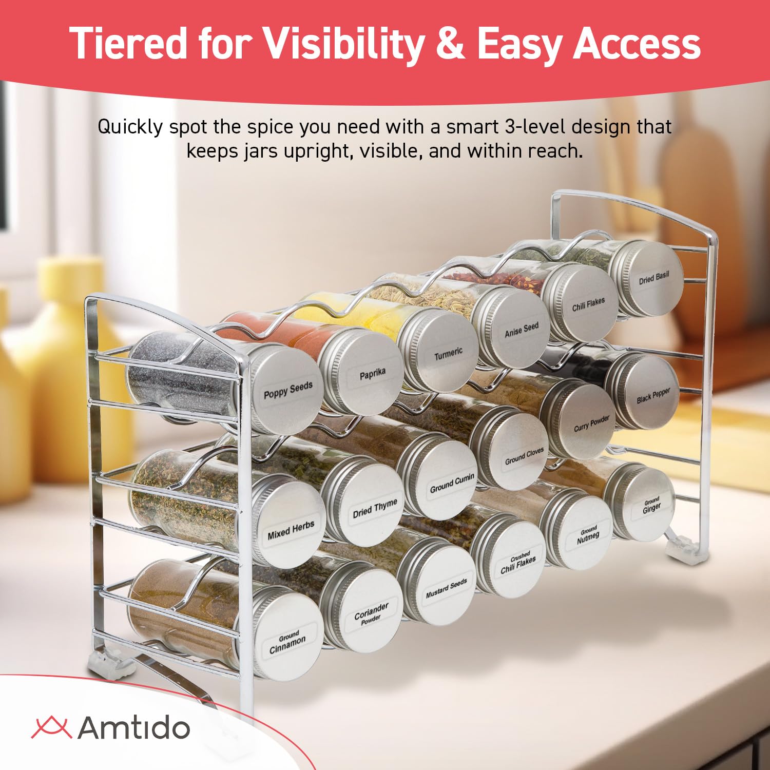 Amtido-Rack avec 18 flacons à épices, 48 étiquettes à épices, chrome