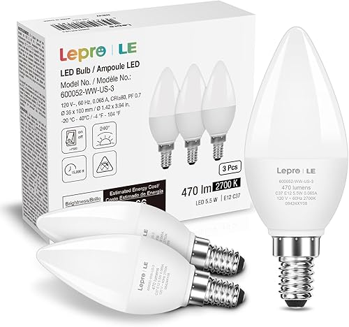Bombillas LED de candelabro Lepro E12, 5.5 vatios, equivalentes a 40 vatios C37 B11, bombillas para ventilador de techo y araña, 2700 Kelvin, luz