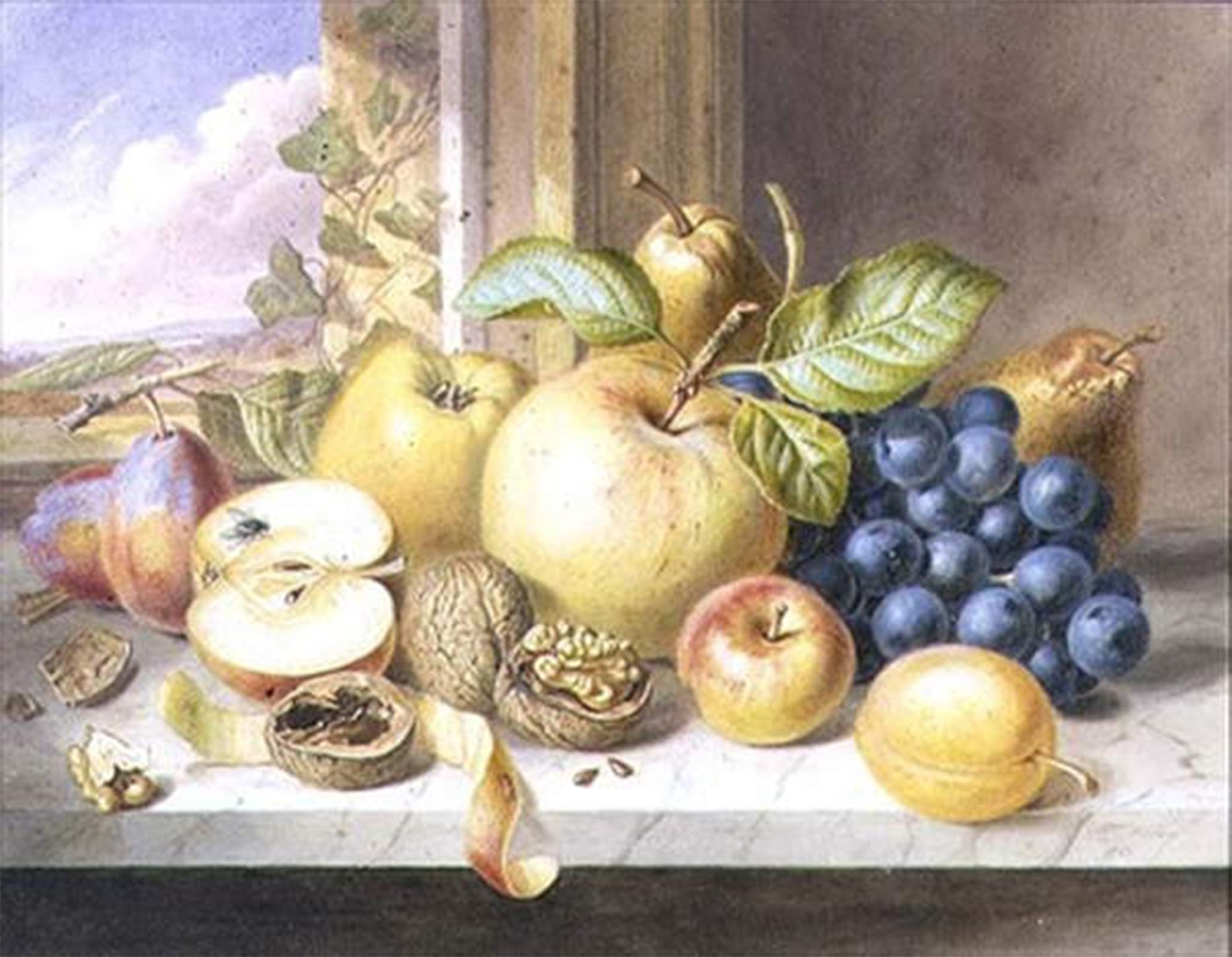 POSTERIIk Famous Animal Posters Vintage Picture a Still Life of Fruits Grapes Pears Plums and Walnuts on a Window by Augusta Innes Withers Modern Wall Decor for Home Decor 60x90cm