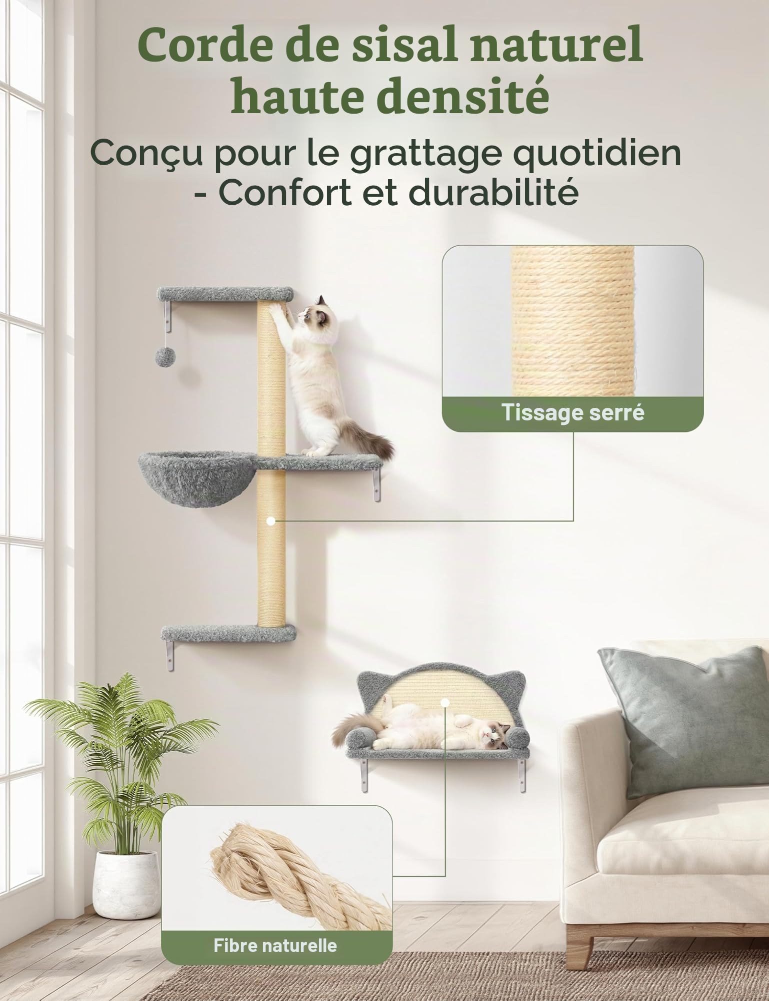 Étagères Murales pour Chat 5 en 1, Arbre à Chat Mural avec Hamac, Niches, Griffoirs en Sisal et Plateformes, Parcours Mural d'escalade en Bois Multicouche, Gris Clair