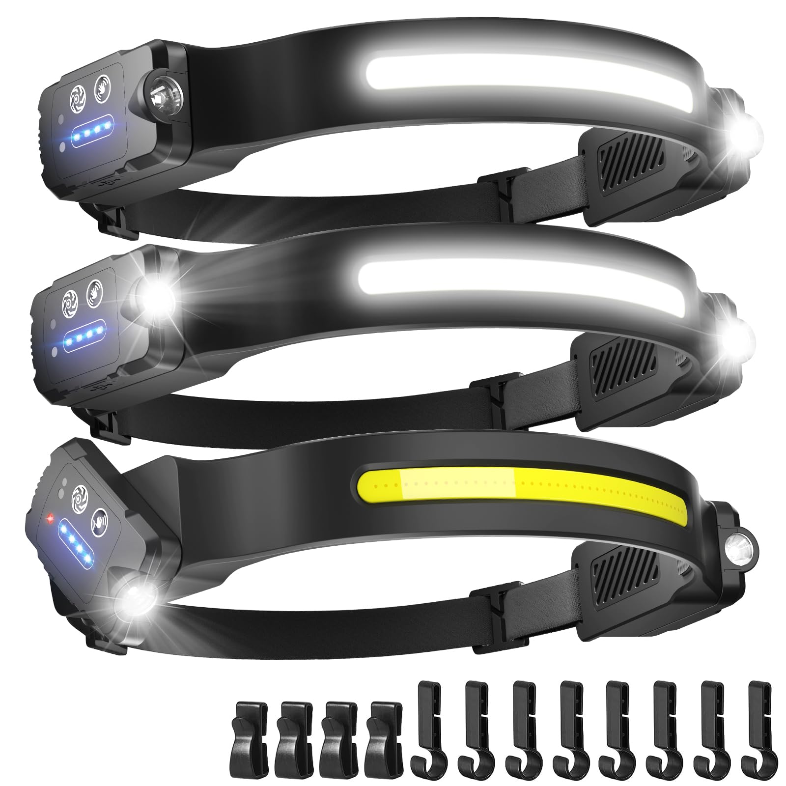 3 Pack Head Torch Rechargeable, 300° Wide Beam & 90°Adjustable Spotlights