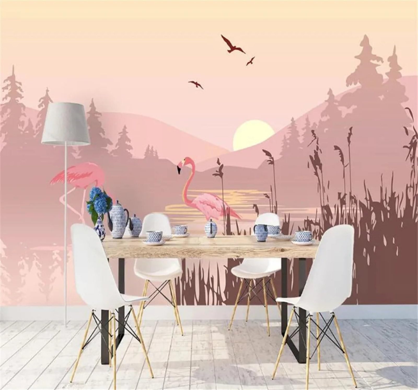 Tzxztt Ethereal Pink Sunset Flamingos Landscape Modern 3D Wallpaper Premium Textured Silk Neutral Tones Material Ideal for Living Room Bedroom-350cm×256cm
