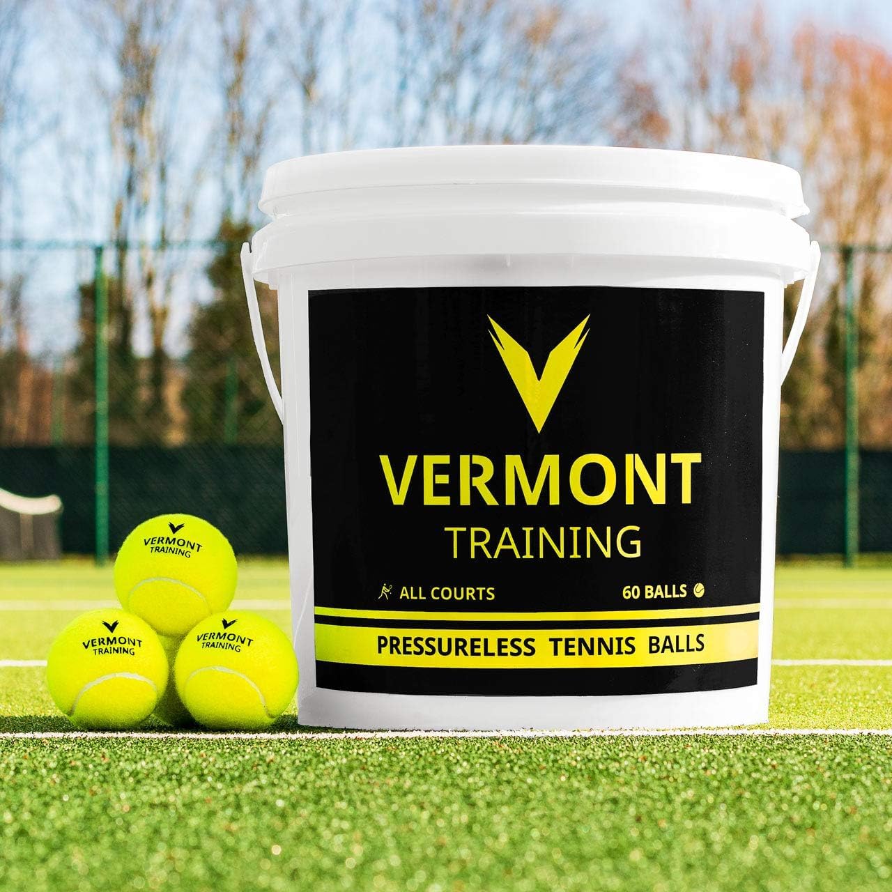 Vermont Balles d’Entraînement de Tennis – Seau de 60 | Noyau sans Pression, Durables | Adaptées à Toutes Surfaces | Idéal Clubs, Écoles et Entraîneurs