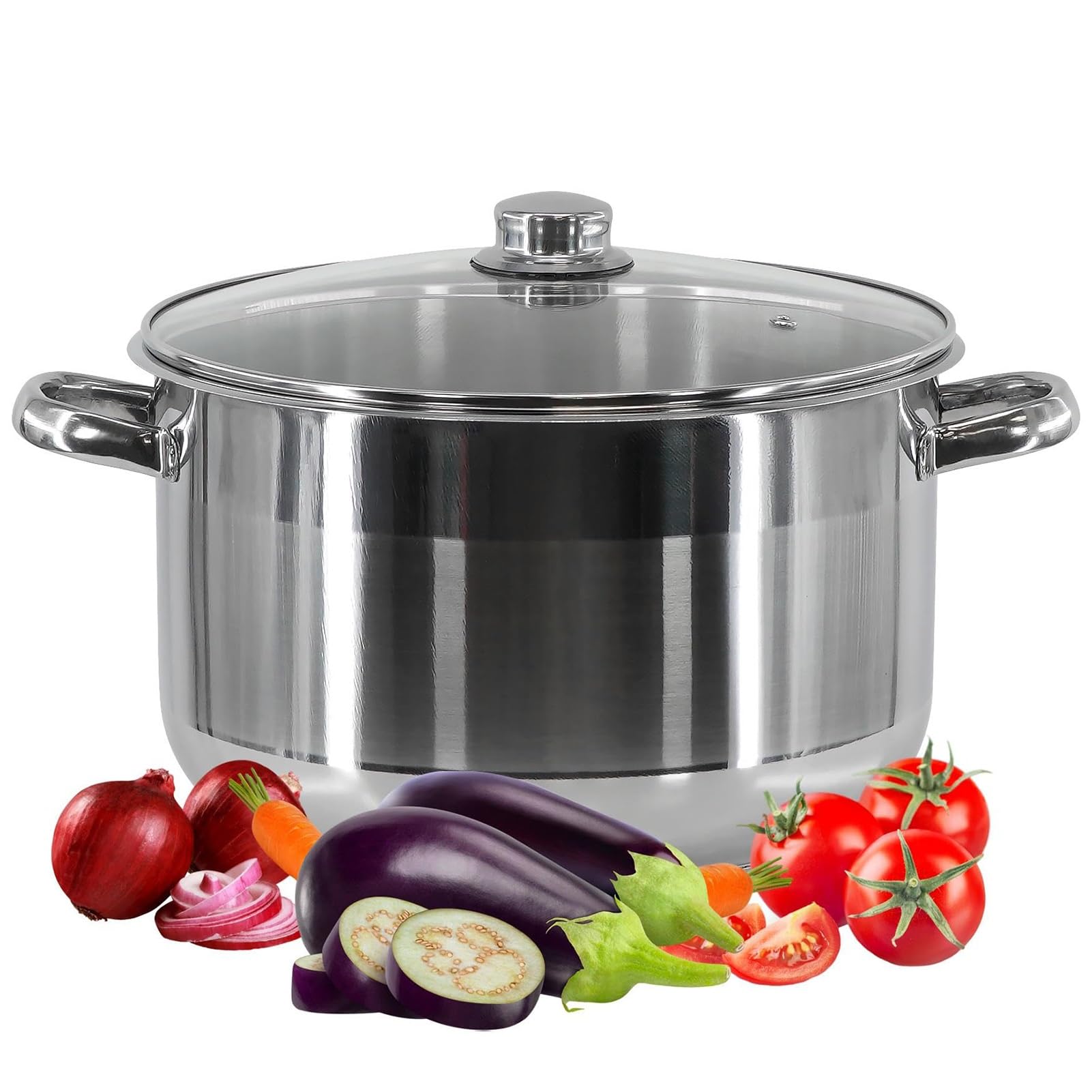 THEGA Grand Stock Pot avec Couvercle - Stockpot en Acier Inoxydable, Casserole en Acier Inoxydable Stockpot Base À Induction Grand Stock Pot Profond Couvercle en Verre(24 x 14 cm 6.5 LTR)