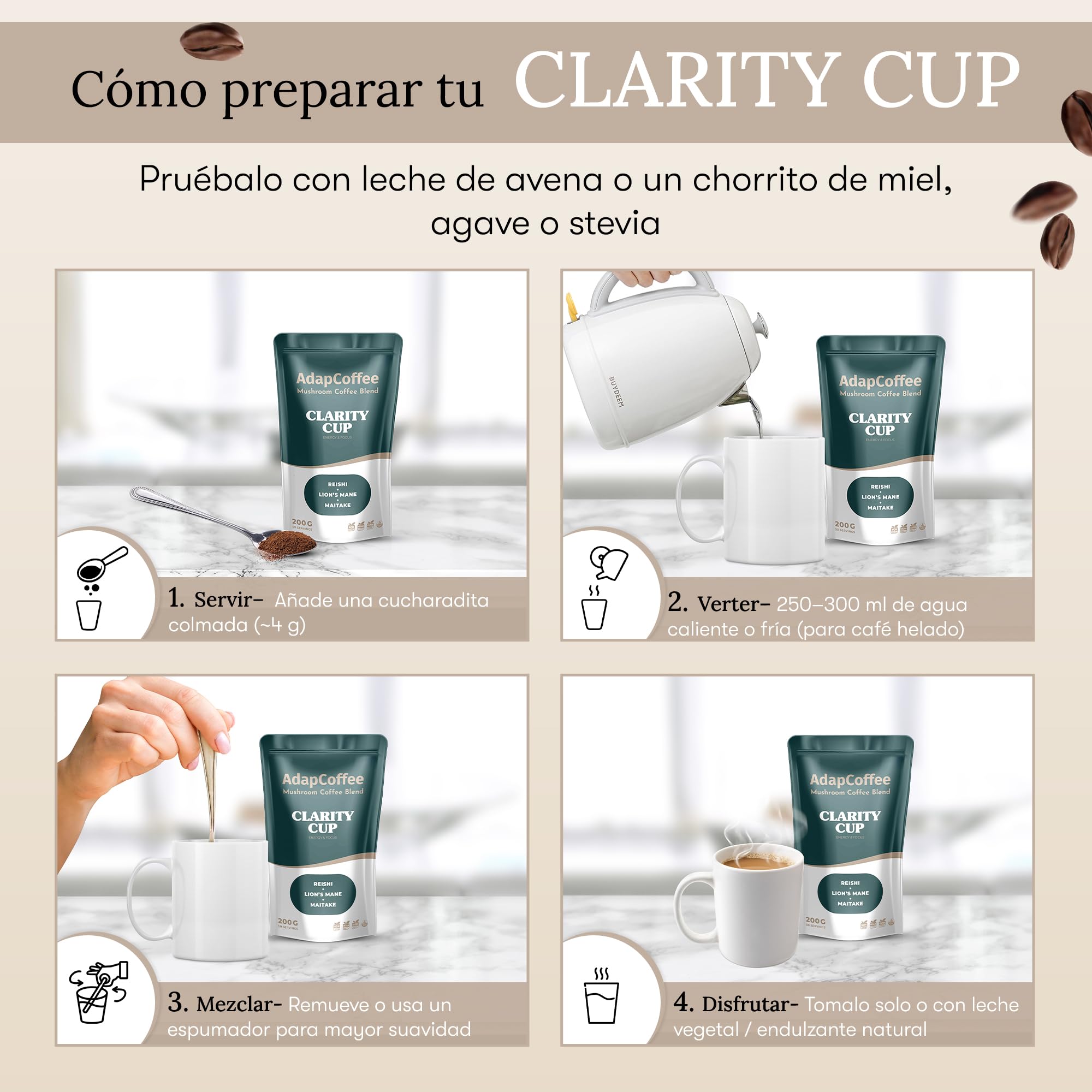 Clarity Cup – Café Instantáneo con Hongos Adaptógenos – Lion’s Mane, Reishi, Maitake – Enfoque y Vitalidad – Sabor Gourmet con Cacao Puro – 200 g – 50 Tazas