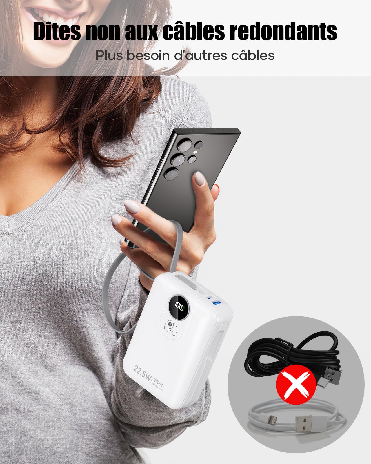 Batterie Externe 20000mAh avec Câble intégré : 22.5W Power Bank à Charge Rapide pour téléphone Portable, Batterie USB C (Input & Output), Chargeur Portable avec 4 Sorties et 2 entrées- Blanc