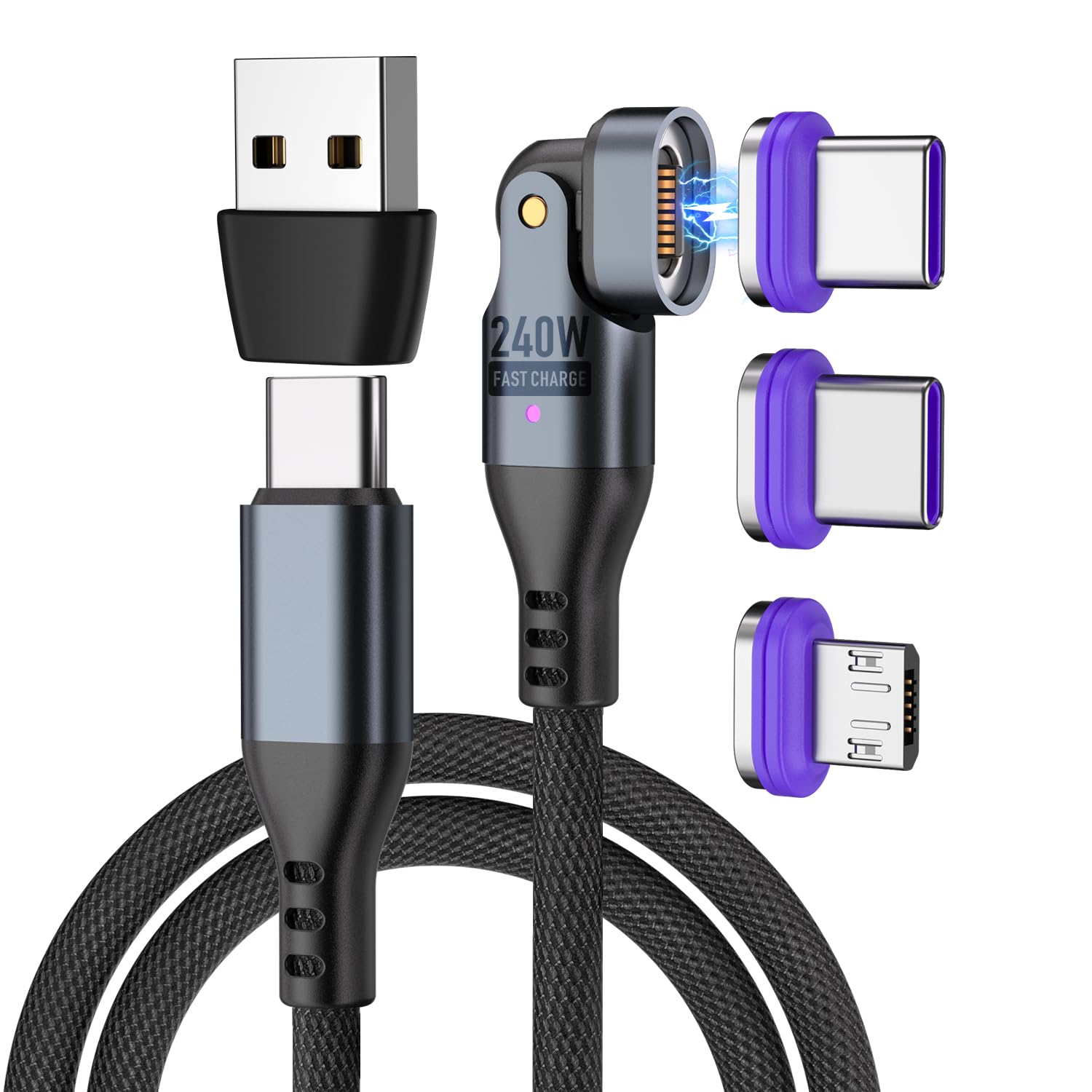 AUFU 60W Magnetic Charging Cables 2-Pack - 360° Rotating USB C/Micro USB Fast Charging