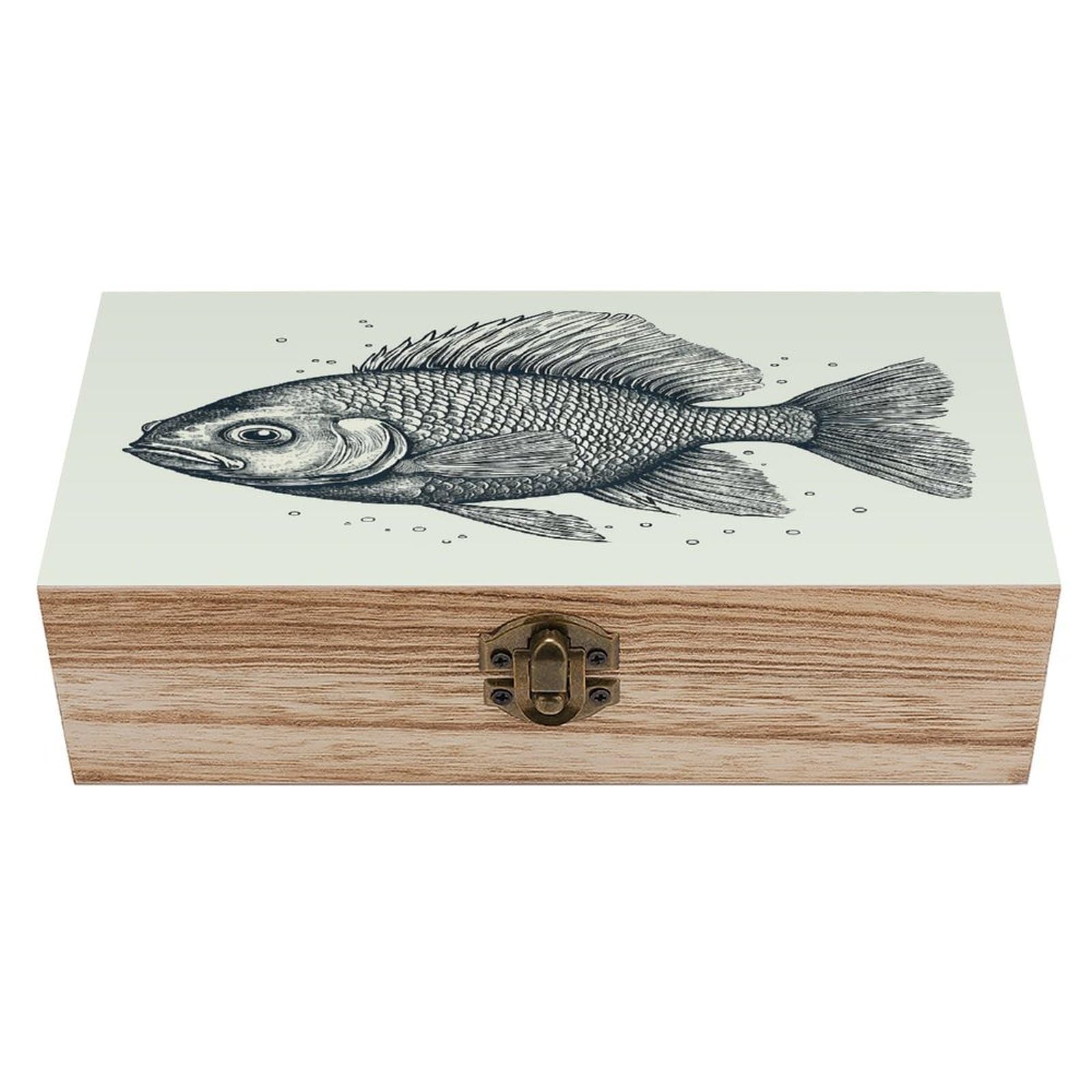 Btcowzrv Style Hand Drawn Small Fish Wooden Storage Box, Keepsake Box With Hinged And Retro Lock, Wood Jewelry Organizer For Photos & Mementos And Home Decor