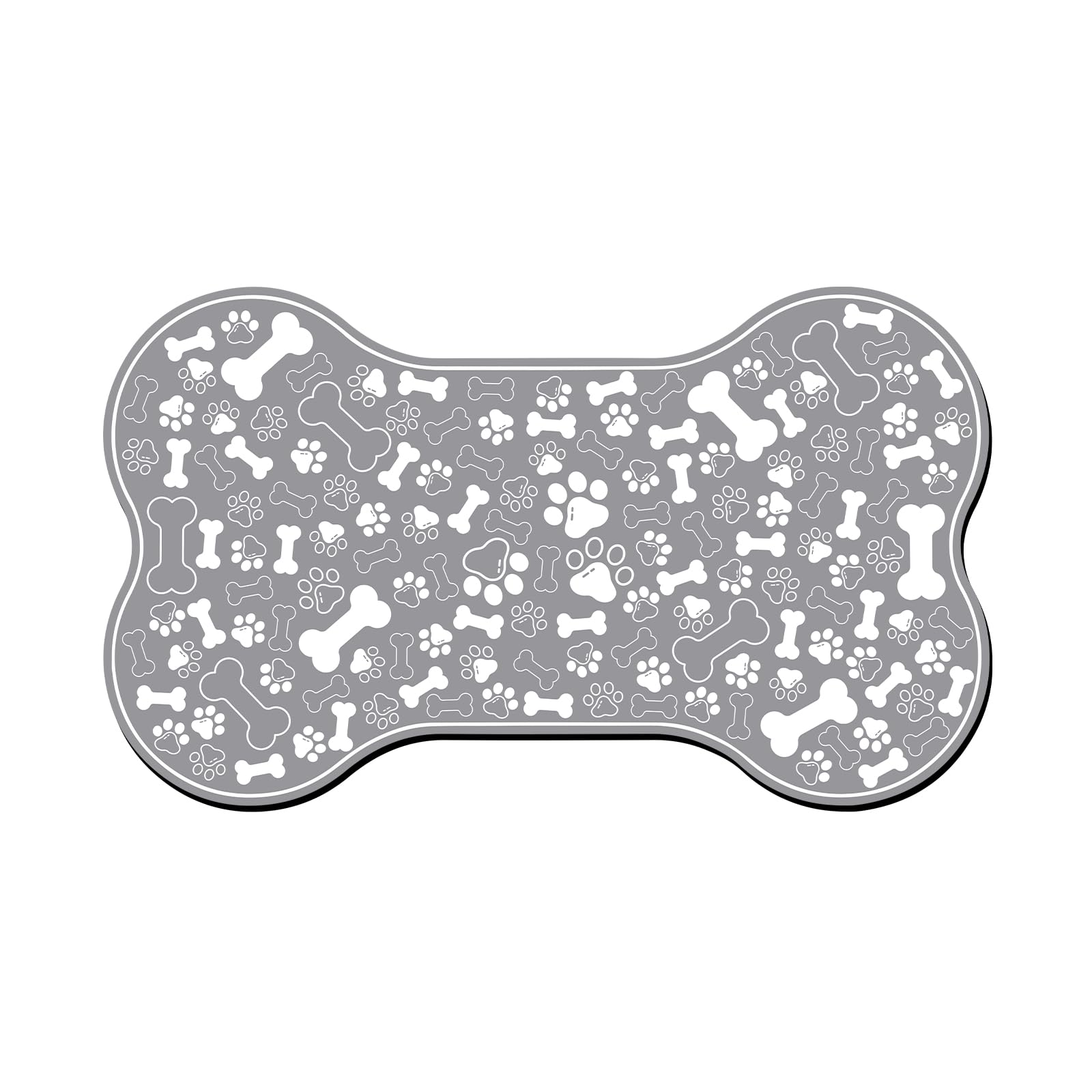 Dog & Cat Food Mat Bone Shaped Pet Feeding Mat Quick Absorb Water Bowl Placemat with Rubber Backing Indoor Floor Stain Resistant Pet Accessory Supplies (Grey, 17x29 Inches)