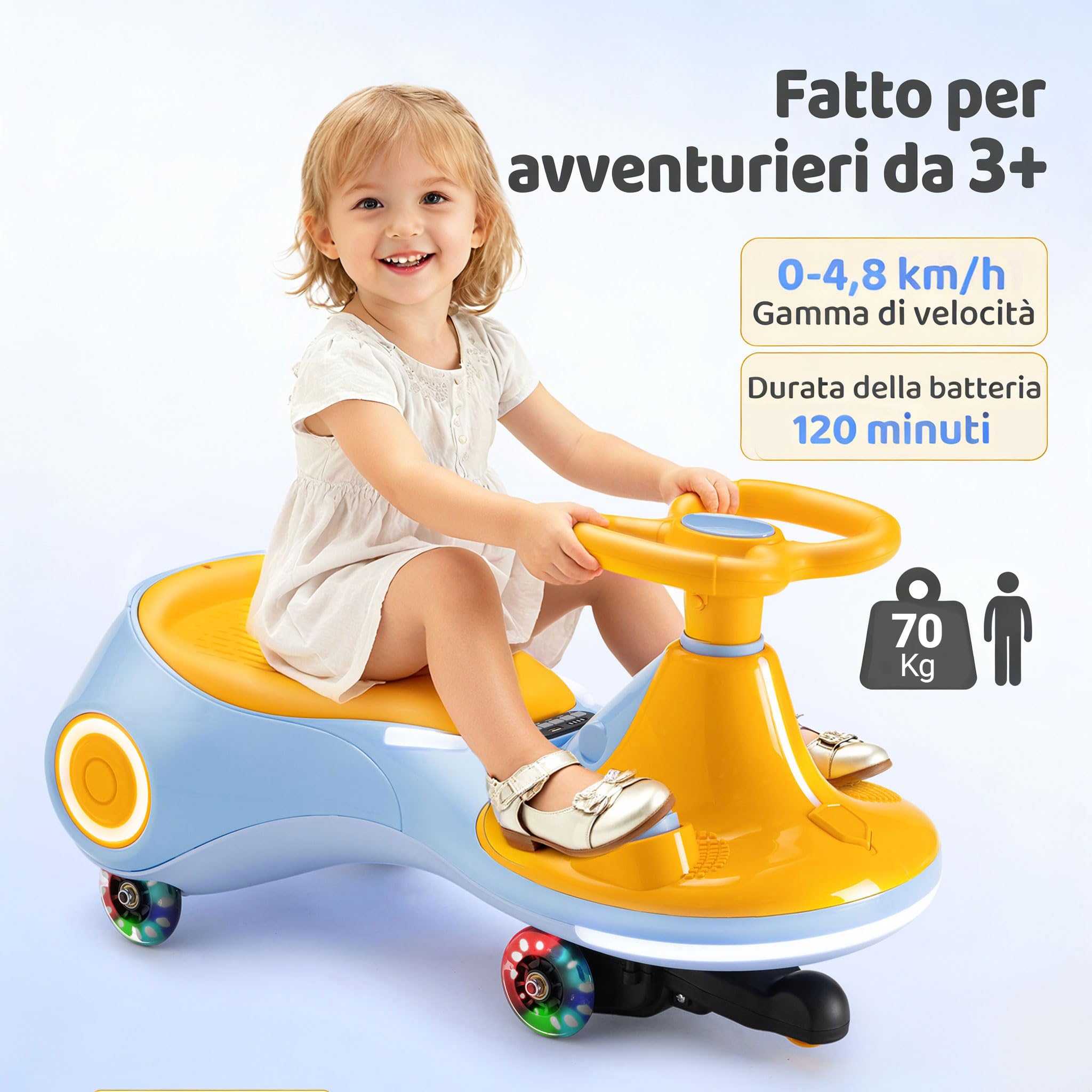 Auto a dondolo elettrica per bambini 12V, giocattolo 3-in-1 con pedale, batteria ricaricabile, 3 modalità, anti-ribaltamento, ruote luminose, musica, età 3-8 anni, 30-70kg, giallo blu