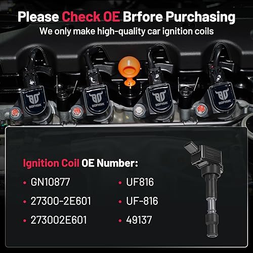 Miniatura 3 de BDFHYK Paquete de bobinas de encendido compatibles con Hyundai Elantra Kona Sonata Veloster, compatible con Kia Forte Optima 2.0L 27300-2E601 UF816,