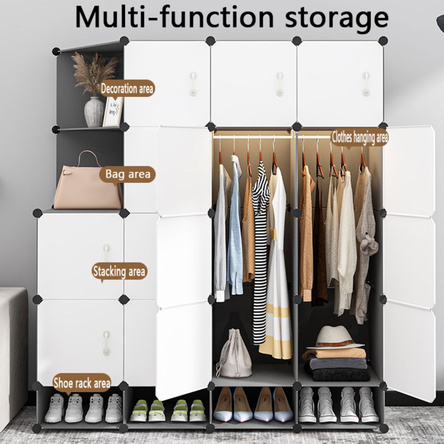 Armadio Guardaroba Modulare con 3 Barra Portatile Guardaroba con Porta Armadio Organizer Fai da Te Sistema di scaffalature in plastica per Vestiti Scarpe Giocattoli e Libri 111 * 47 * 157cm