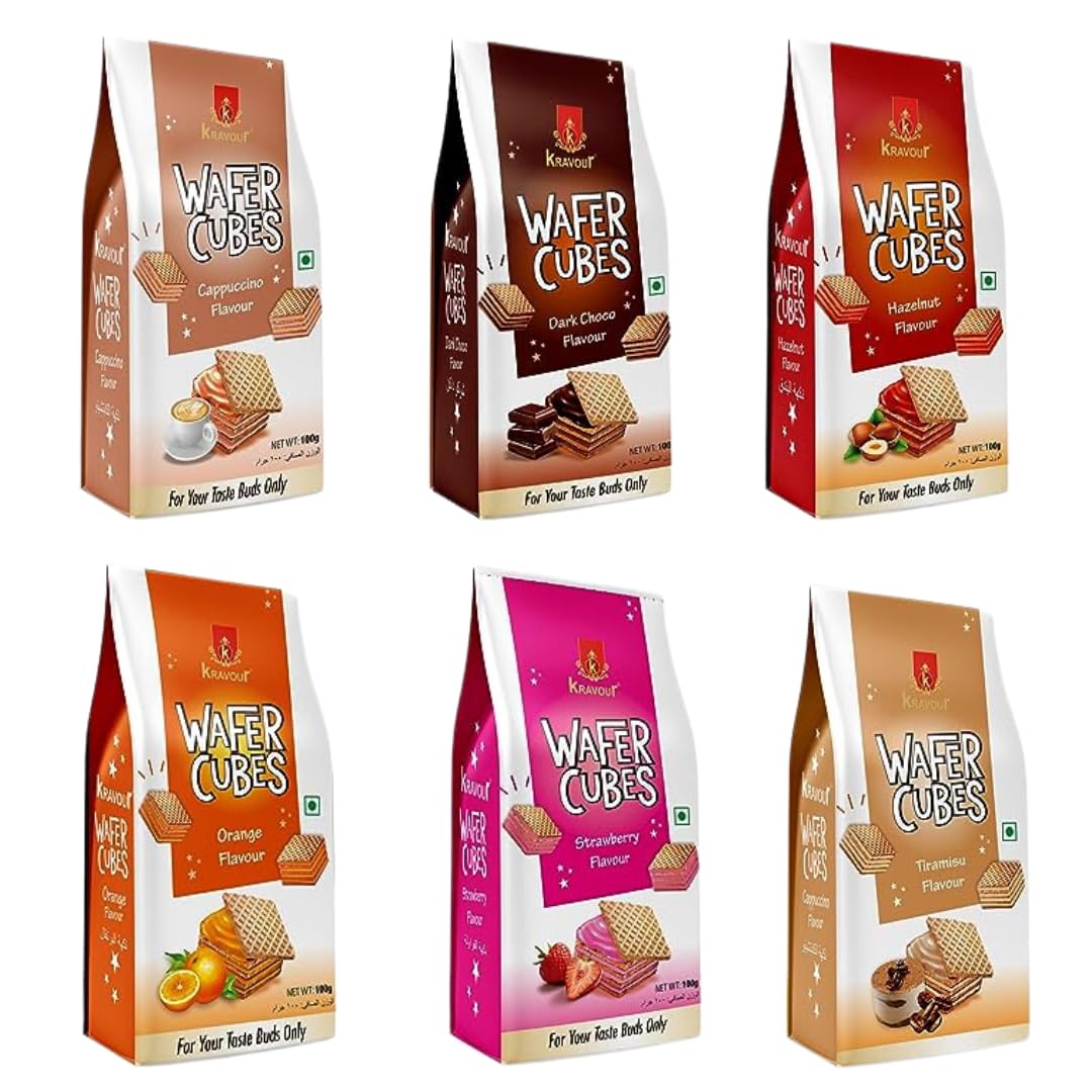 Kravour Assorted Wafer Cubes (Tiramisu, strawberry, cappuccino,orange, Hazelnut & Dark Choco Flavour) 6 Packs X100g
