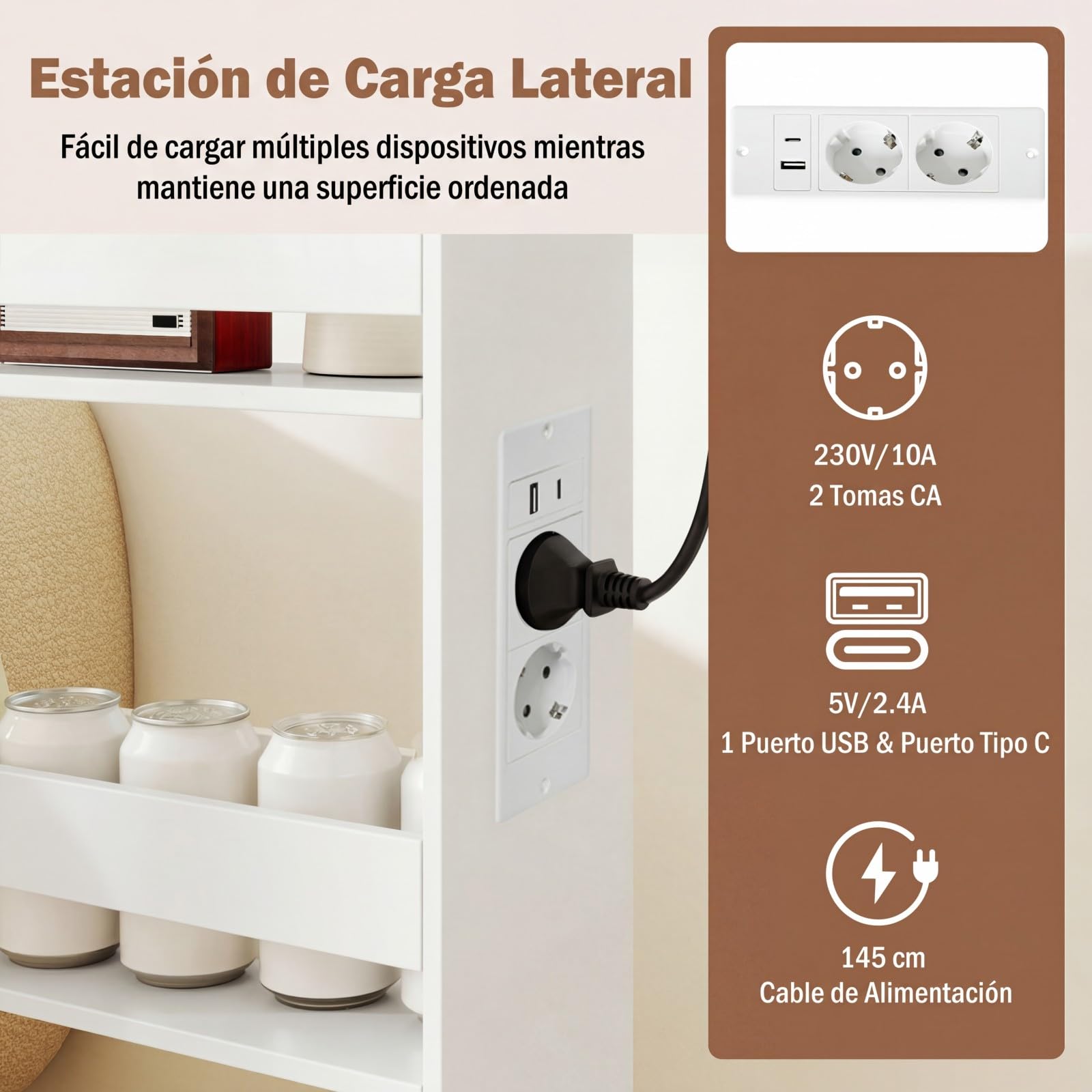 GOPLUS Carrito Auxiliar con Ruedas de 4 Niveles, Carro de Almacenamiento Estrecho con con Asa Lateral y Barandillas, Carro de Servicio Compacto con Enchufes, 47 x 13 x 80 cm (Blanco y Marrón)