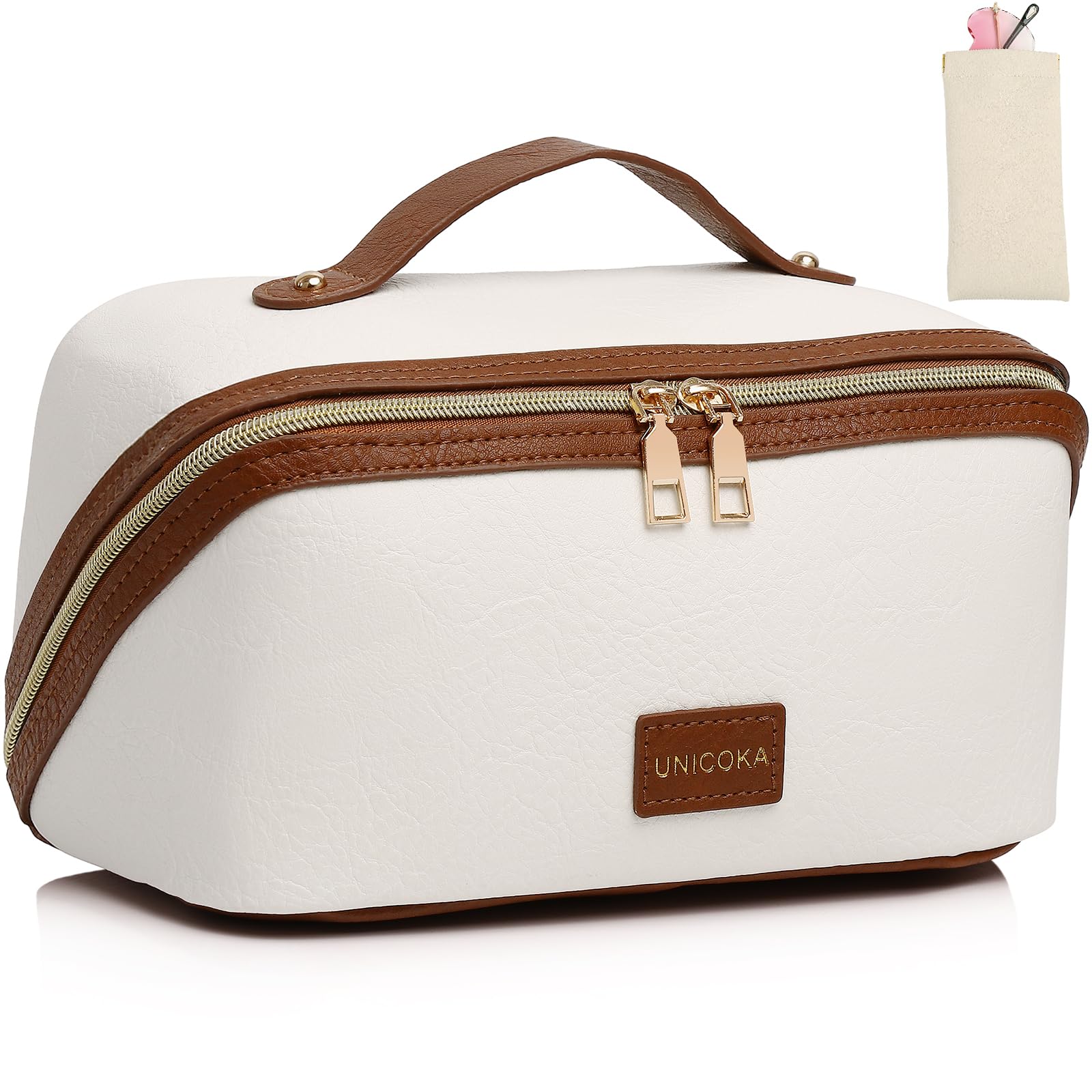 UNICOKA Travel Makeup Bag - Large Capacity Cosmetic Bag for Women, Portable Waterproof PU Leather Make up Organizer Bag Open Flat Toiletry Bag with Divider and Handle