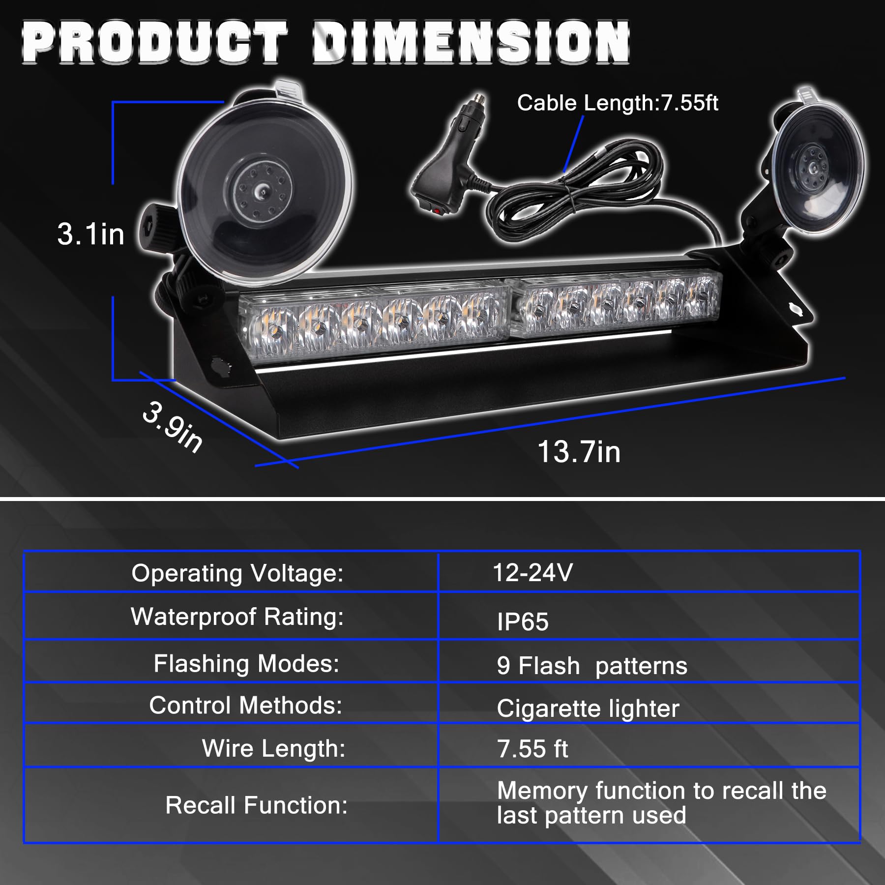 Niebieska lampka ostrzegawcza LED 35,6 cm, 12 V-24 V, 12 LED, 9 trybów kierunkowskazów LED, do wózków widłowych, ciągników, autobusów samochodowych (niebieski)