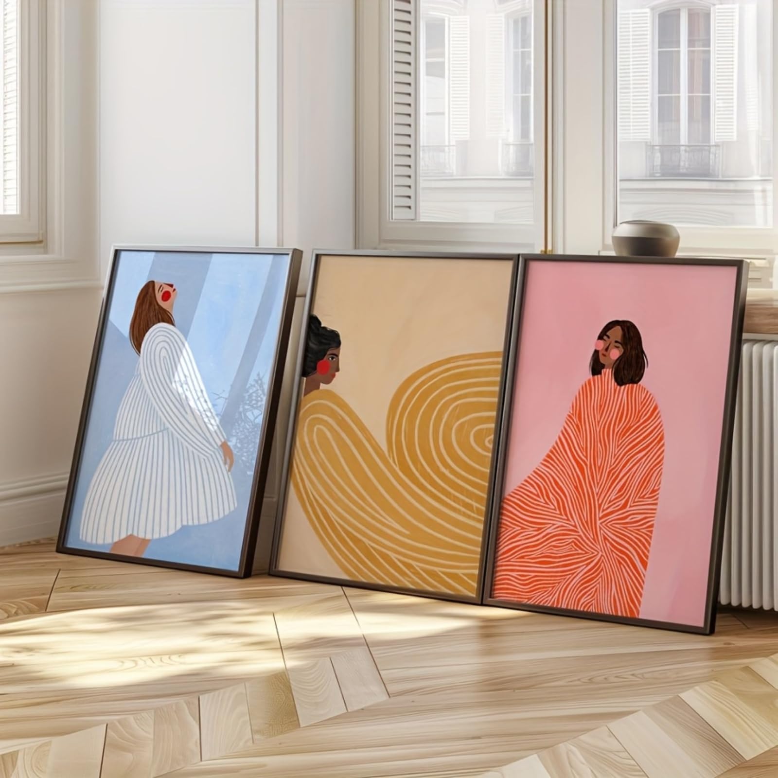 ZBELLO Set of 3 Posters, 2D Flat, Abstract Striped Portraits of Women, Modern Minimalist Feminine Prints, Colorful Line Art, for Living Rooms, Bedrooms, Kitchens, Offices, Cafés, Frameless (30x40cm)