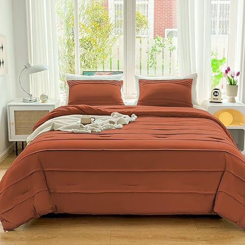 Argstar Juego de edredón de 3 piezas color naranja quemado tamaño California King, edredón plisado con textura bohemia, edredones suaves de